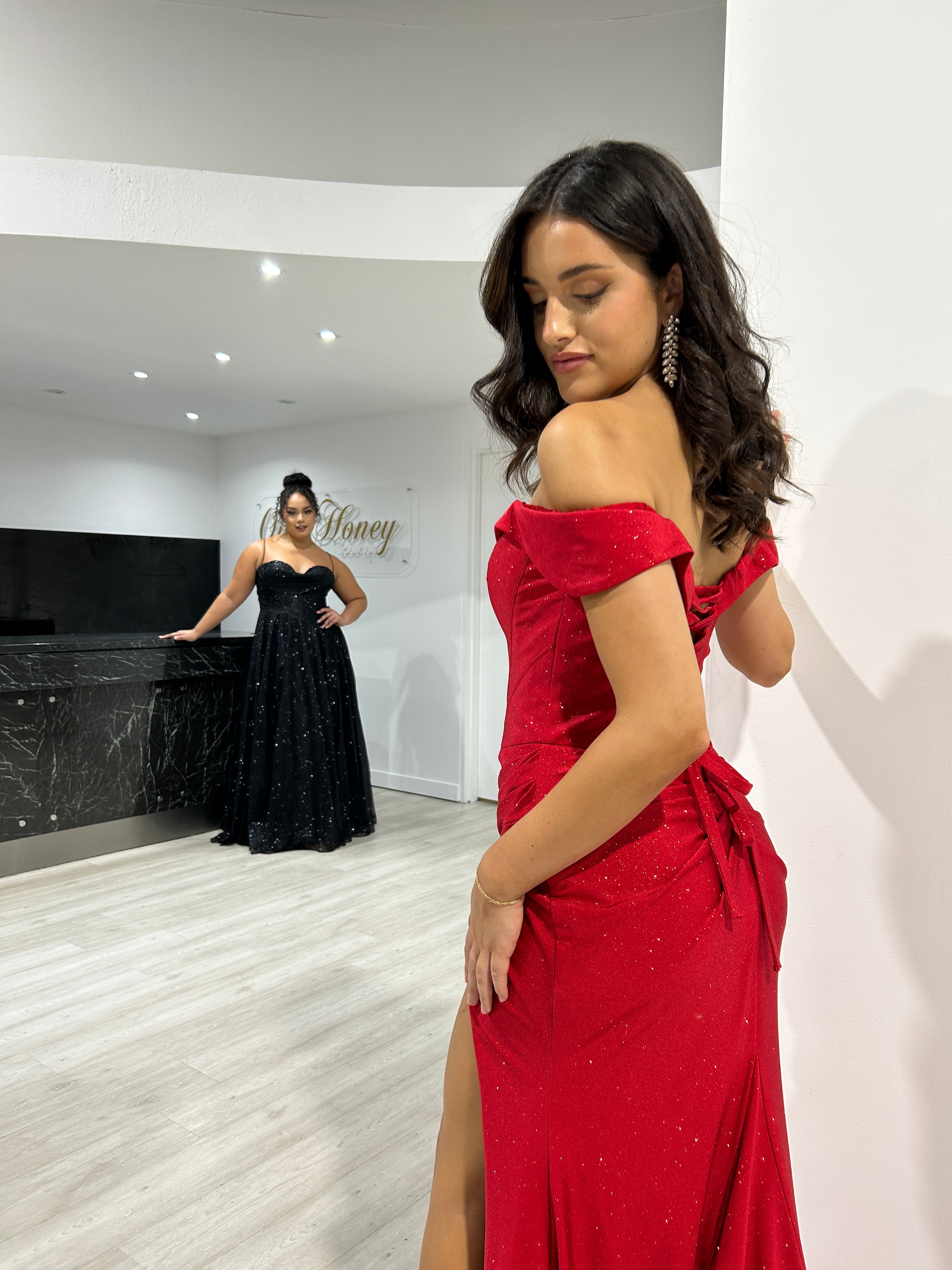Honey Couture HARPER Red Crystal Feature Off The Shoulder Mermaid Formal Gown