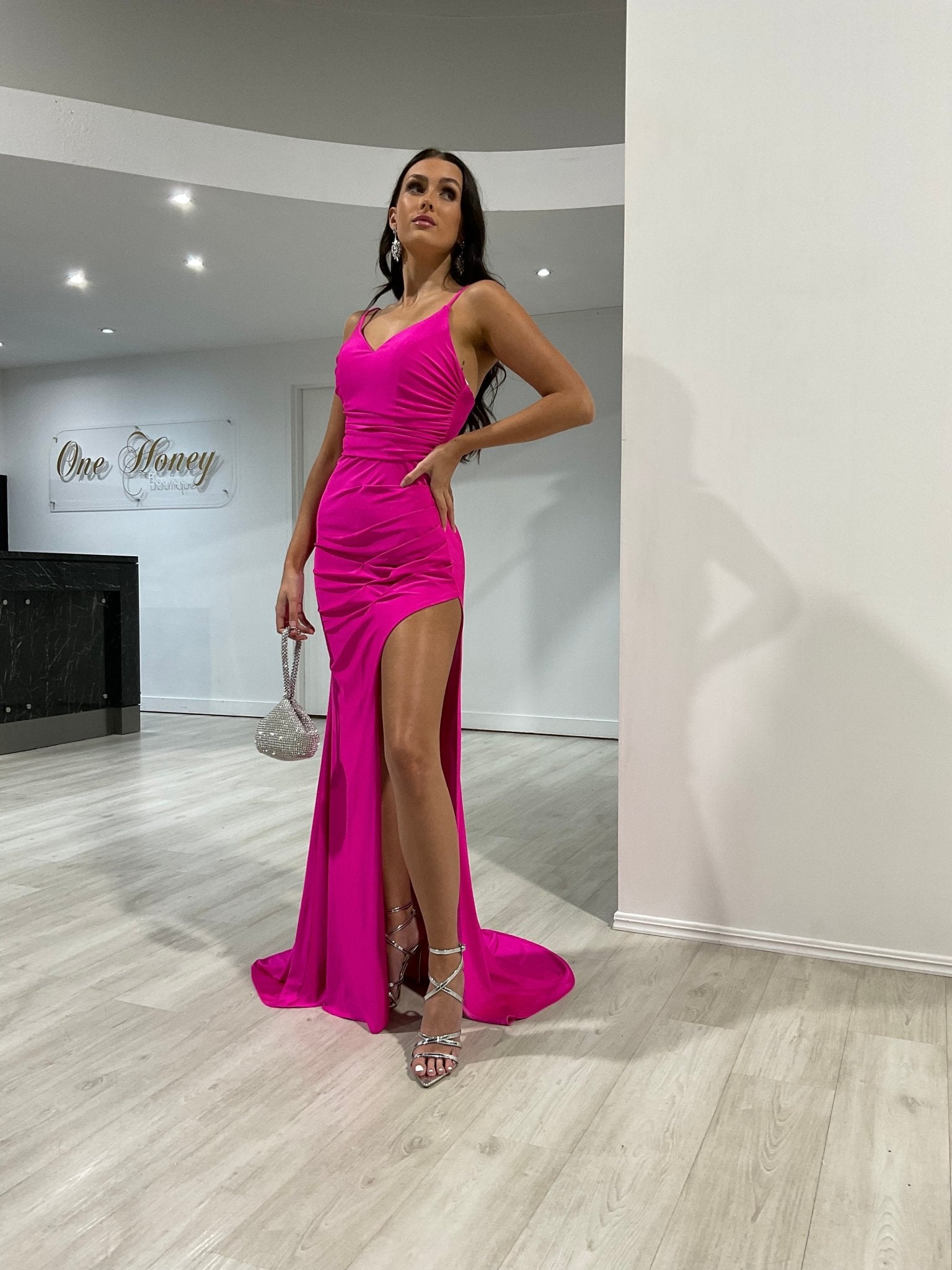 Honey Couture ZURI Corset Back Ruched Waist Formal Evening Dress in Australia | One Honey Boutique