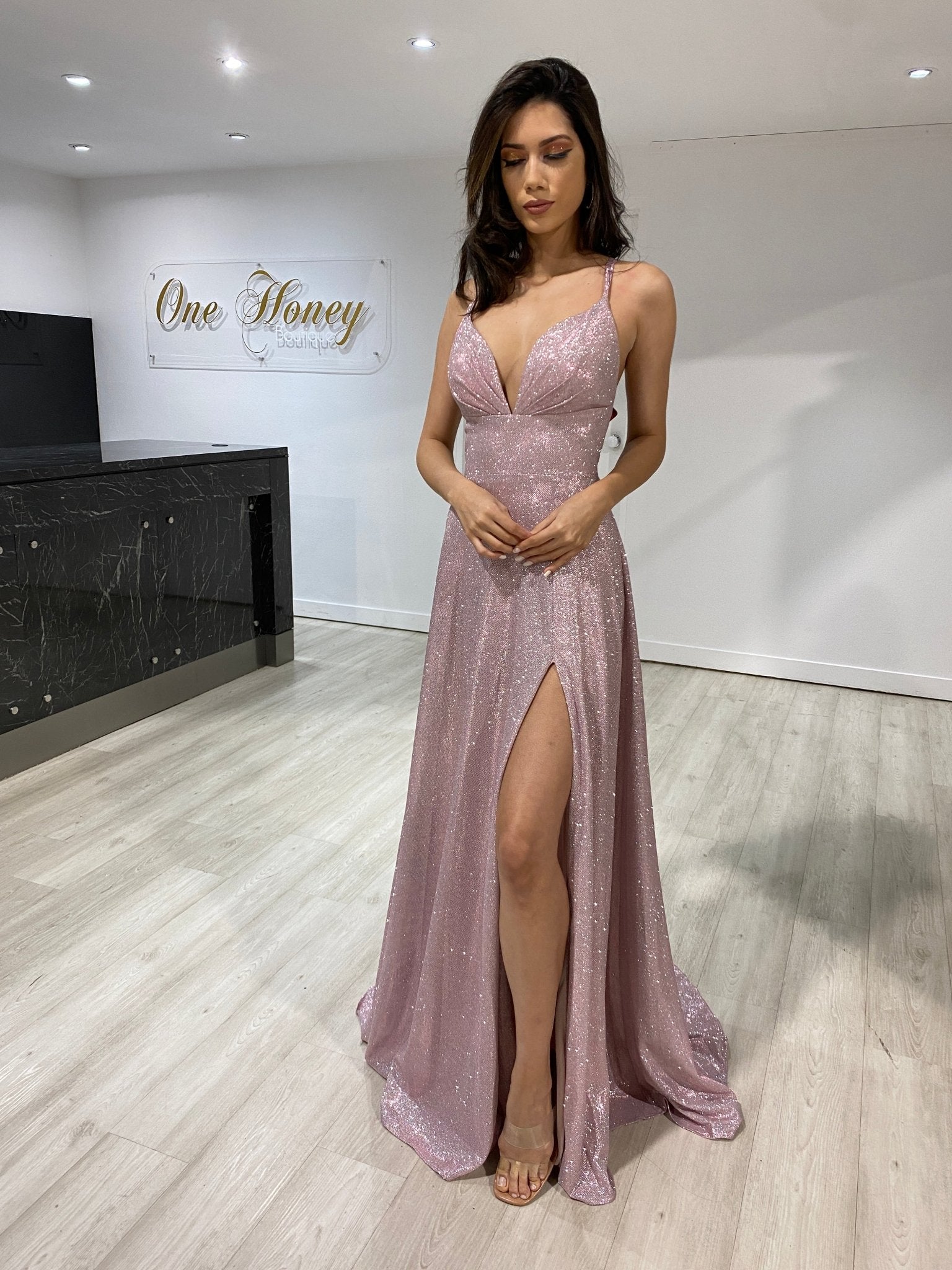 HOLLIE A Line Glitter Effect Formal Dress in Australia | One Honey Boutique