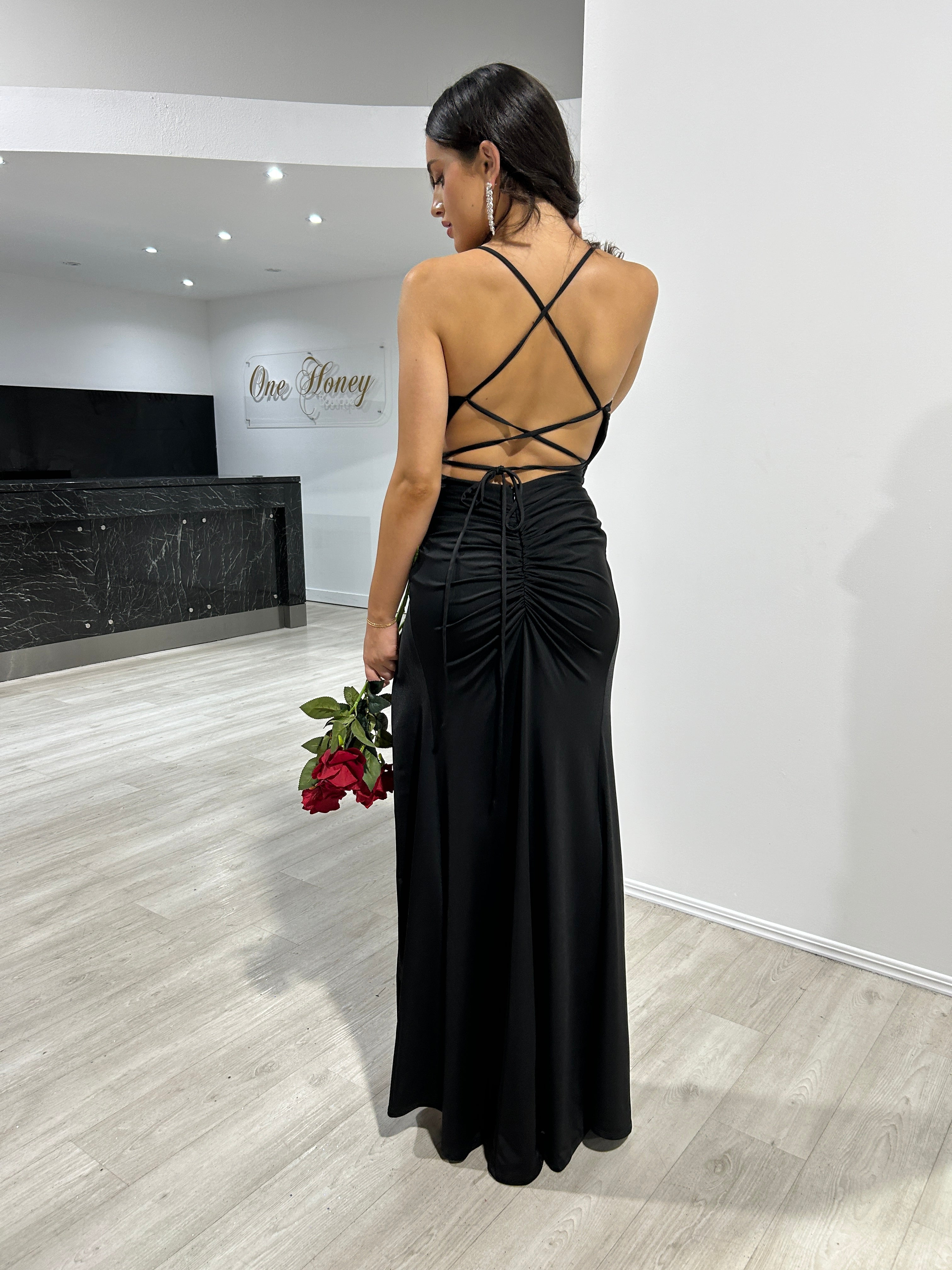 Honey Couture ELODIE Black Silky Lace Up Low Back Mermaid Formal Dress