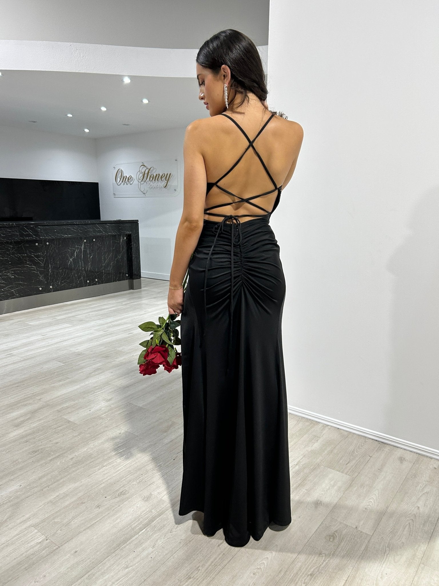 ELODIE Silky Lace Up Low Back Semi Formal Dress in Australia | One Honey Boutique