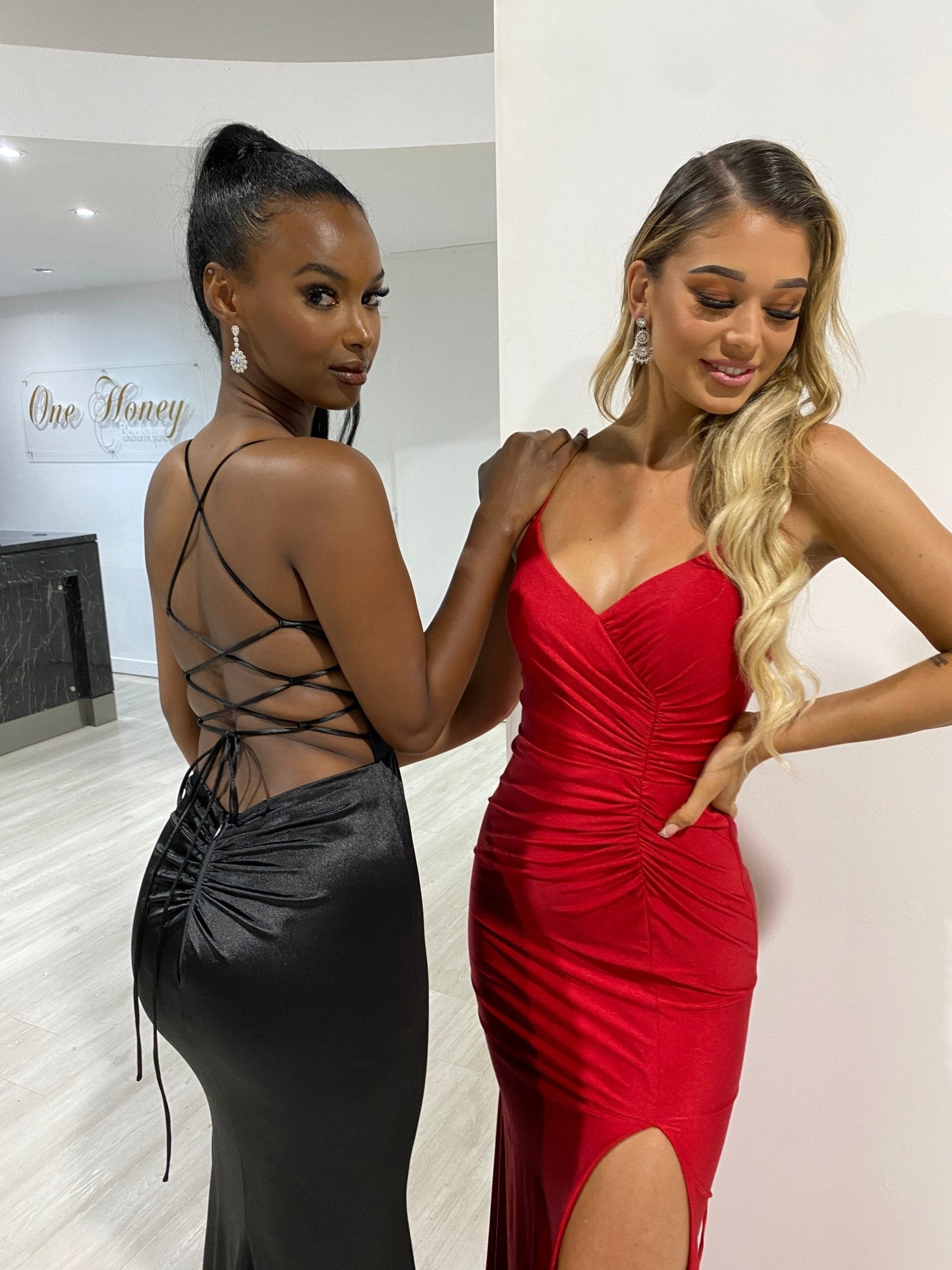 Honey Couture JALI Lace Back Silky Bum Ruching Formal Dress in Australia | One Honey Boutique