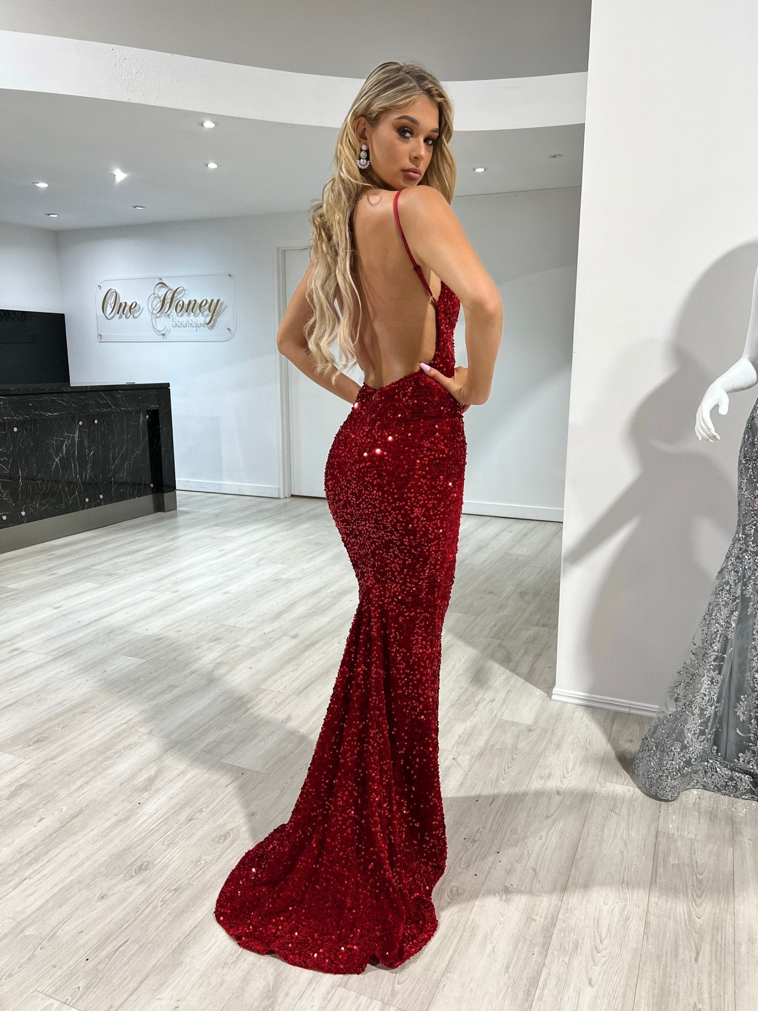 Honey Couture KAYTUM Low Back Sequin Mermaid Evening Gown Dress in Australia | One Honey Boutique