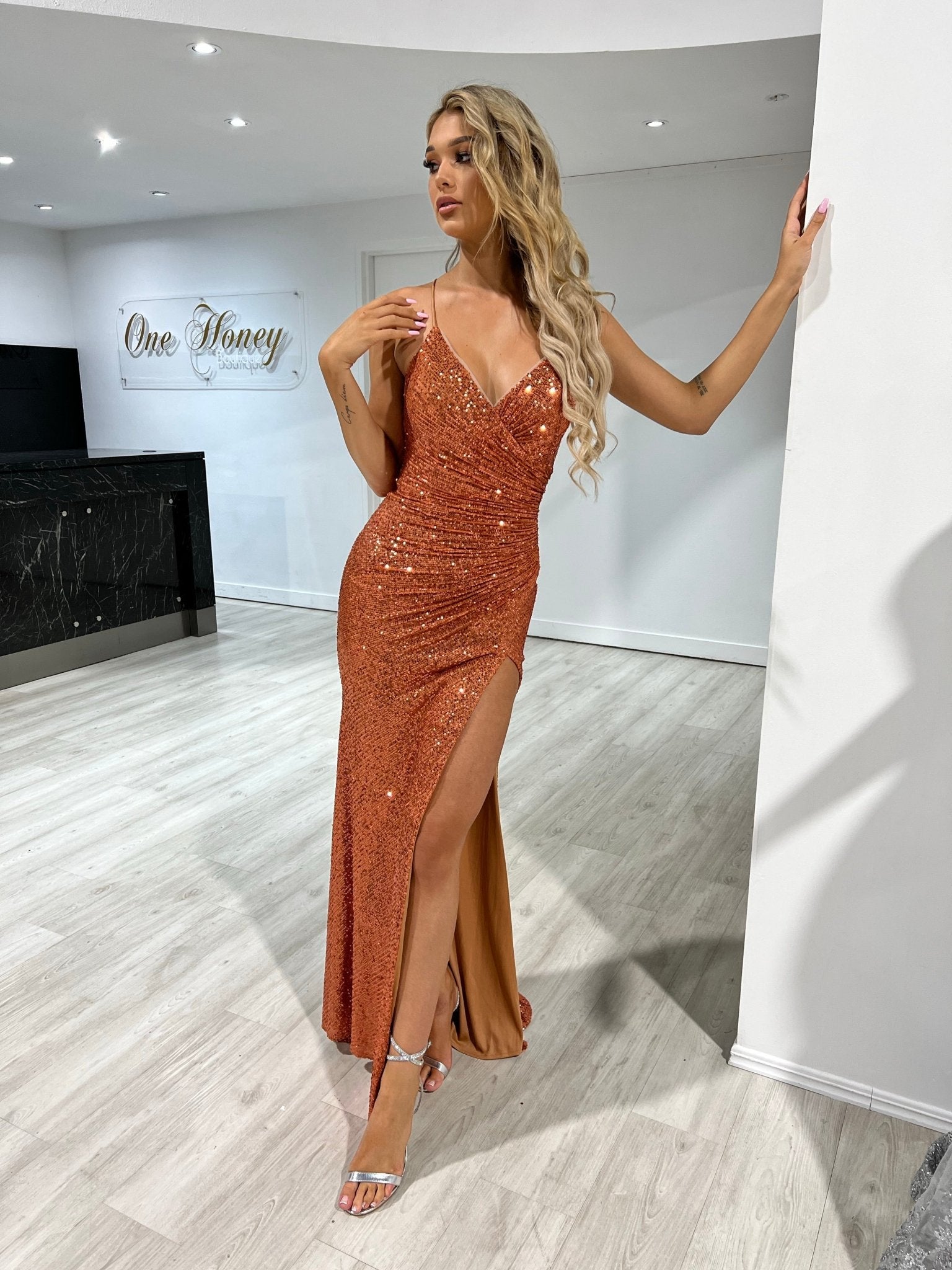 MARILYN Ruched Waist Hidden Corset Leg Split Sequin Formal Gown in Australia | One Honey Boutique
