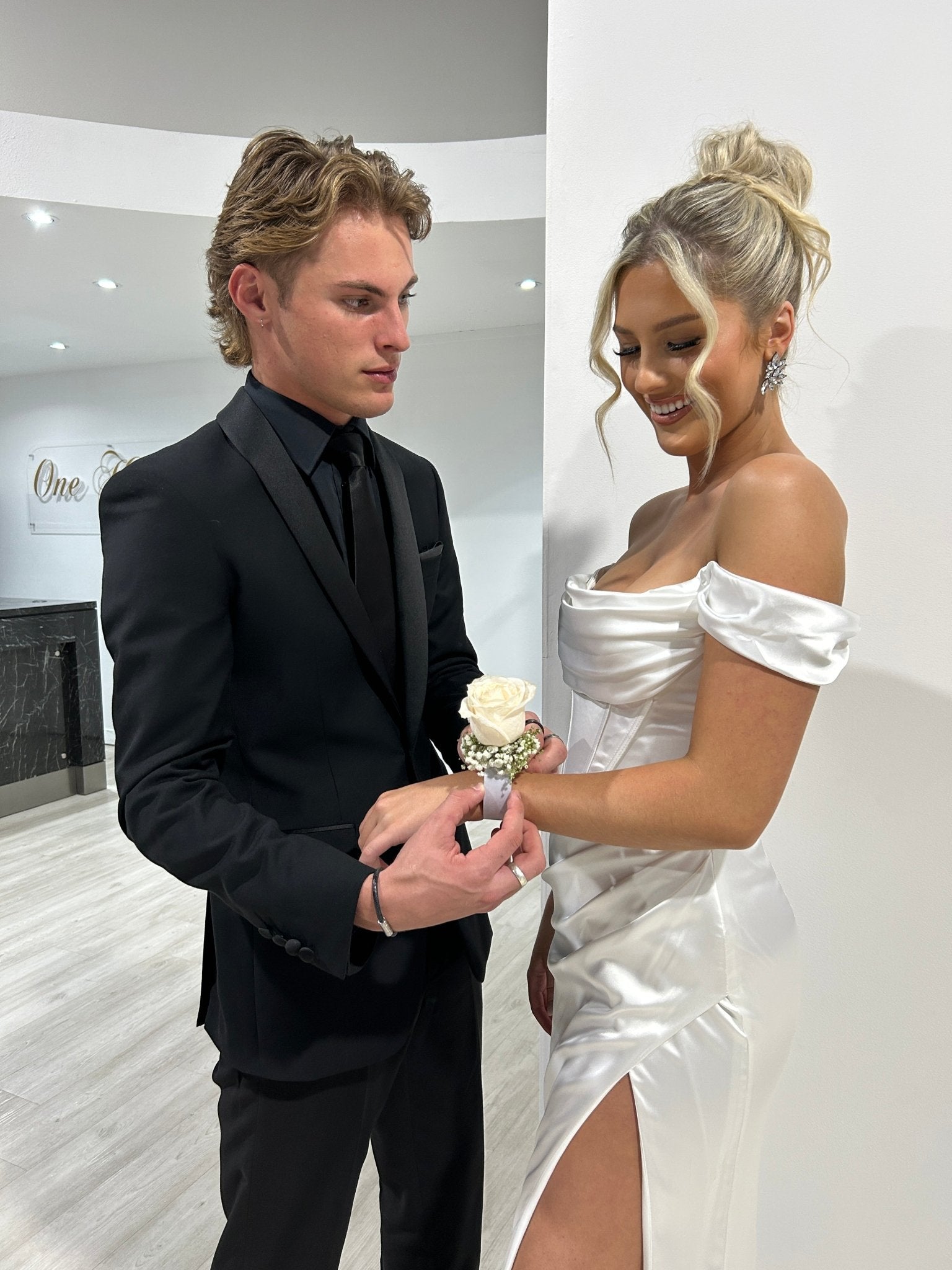 CECE Off White Satin Off The Shoulder Corset Bustier Formal Dress in Australia | One Honey Boutique