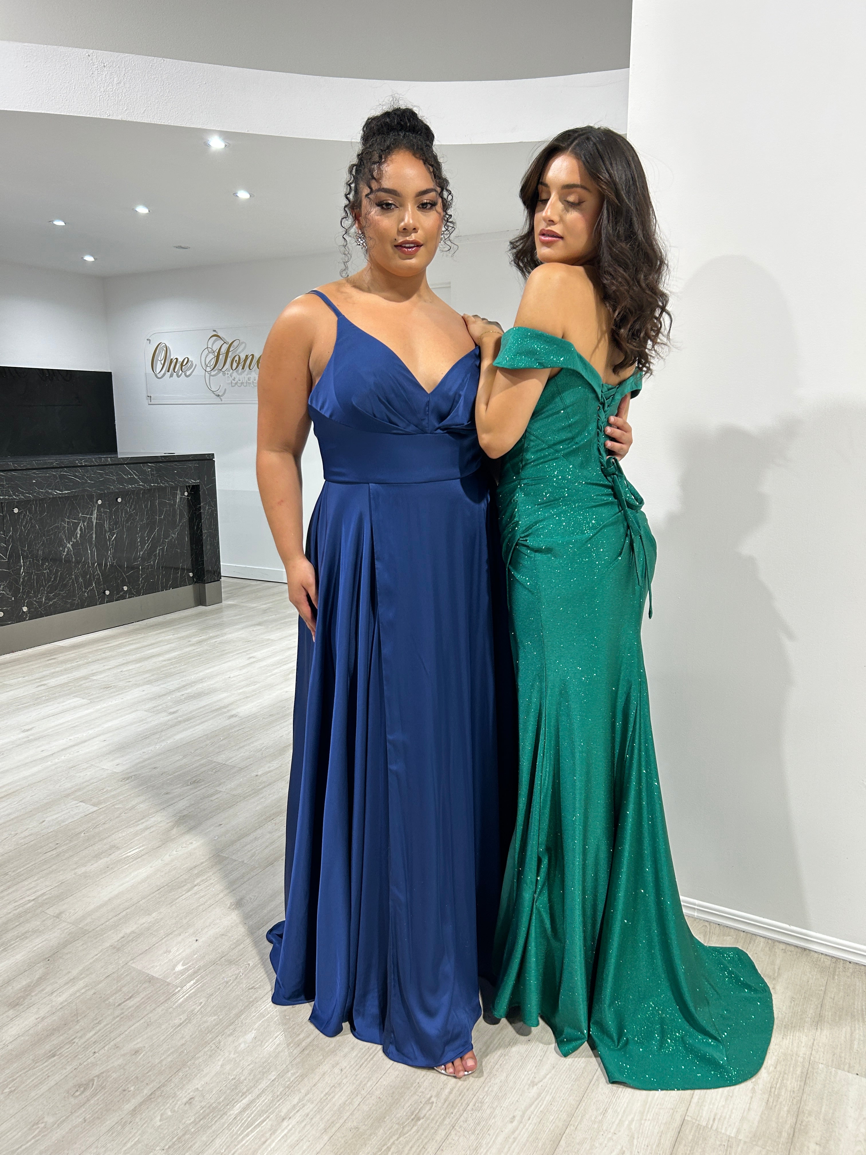 Honey Couture HARPER Emerald Crystal Feature Off The Shoulder Mermaid Formal Gown