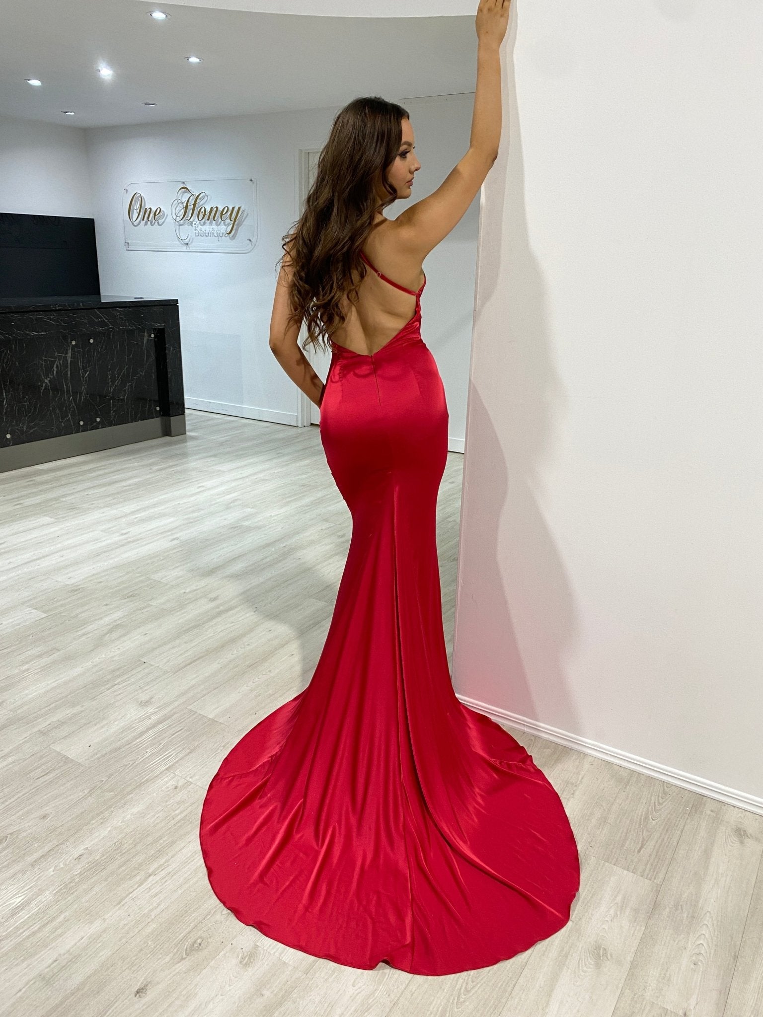 Honey Couture CANDICE Silky Low Back Mermaid Formal Dress in Australia | One Honey Boutique