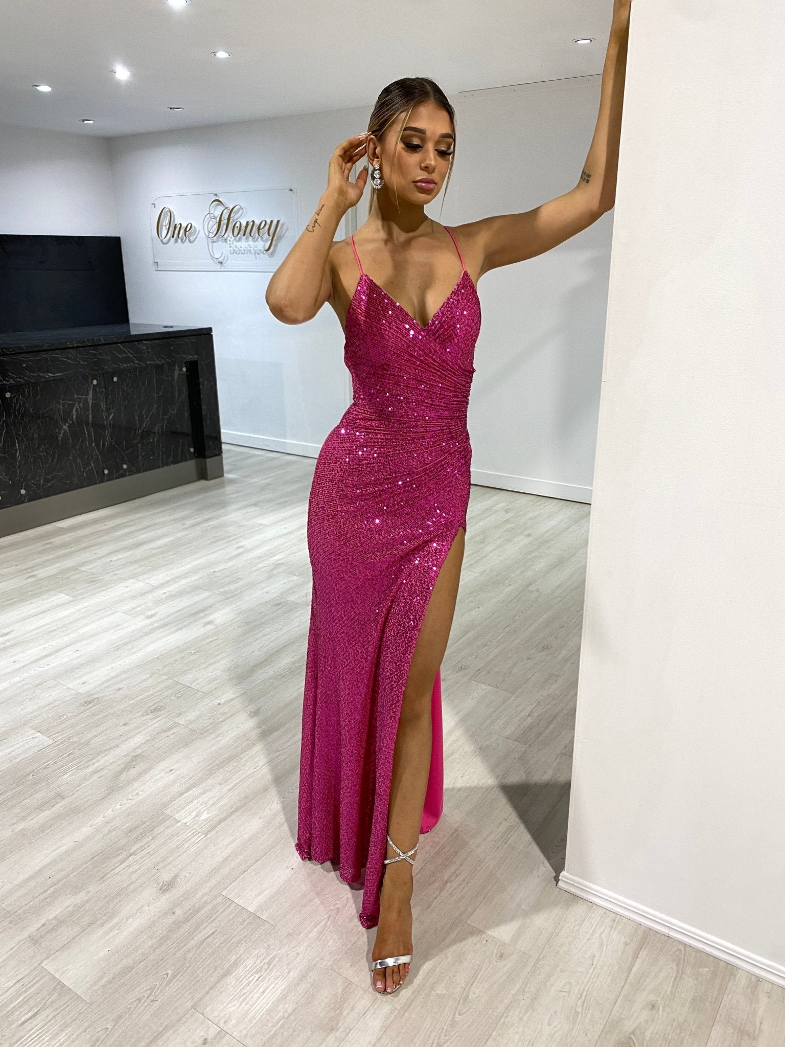 MARILYN Ruched Waist Hidden Corset Leg Split Sequin Formal Gown in Australia | One Honey Boutique