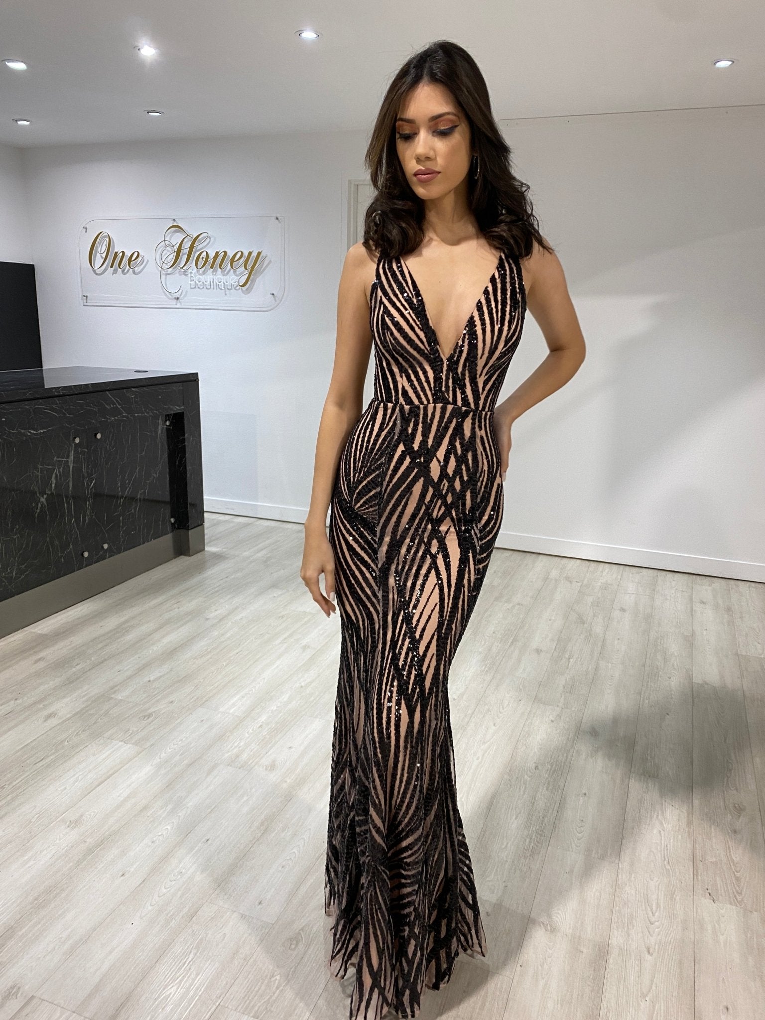 Honey Couture YASMIN V Front Sequin Formal Evening Gown in Australia | One Honey Boutique