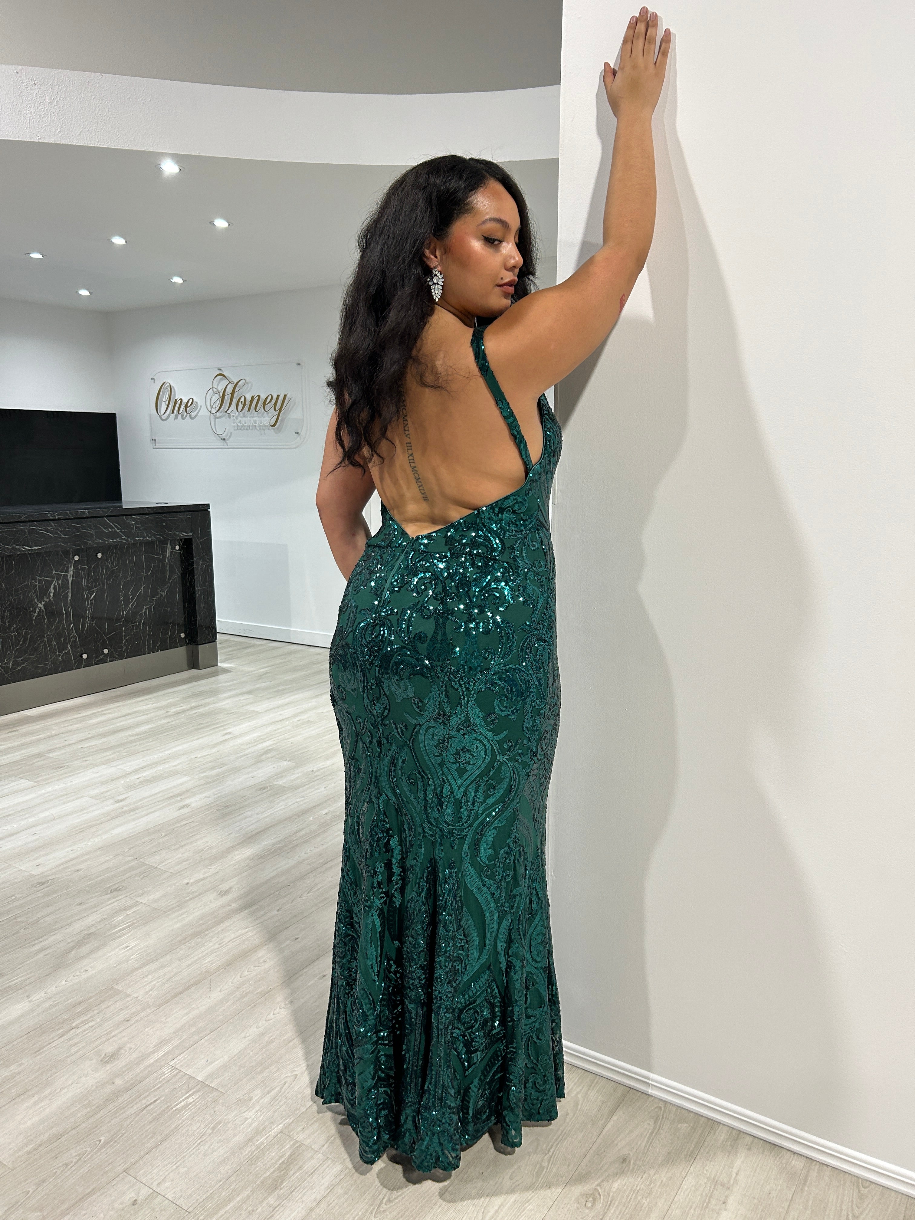 Honey Couture MIA Emerald Green Sequin Open Back Formal Gown