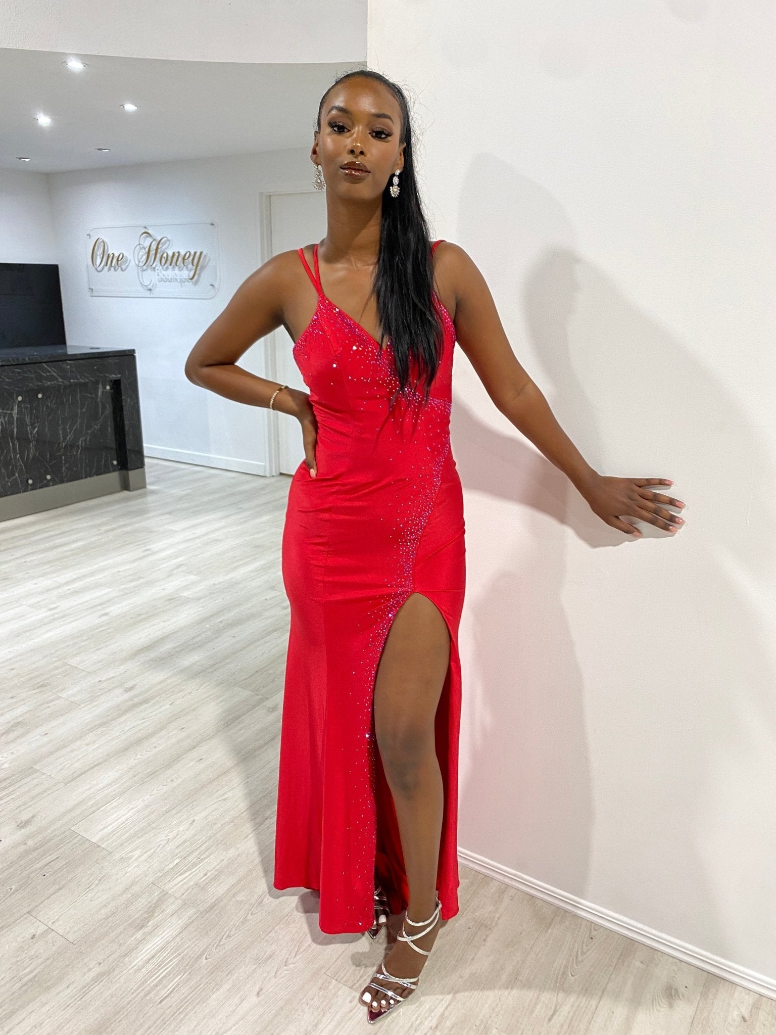 Honey Couture ORINA Diamante V Front Leg Split Formal Dress in Australia | One Honey Boutique