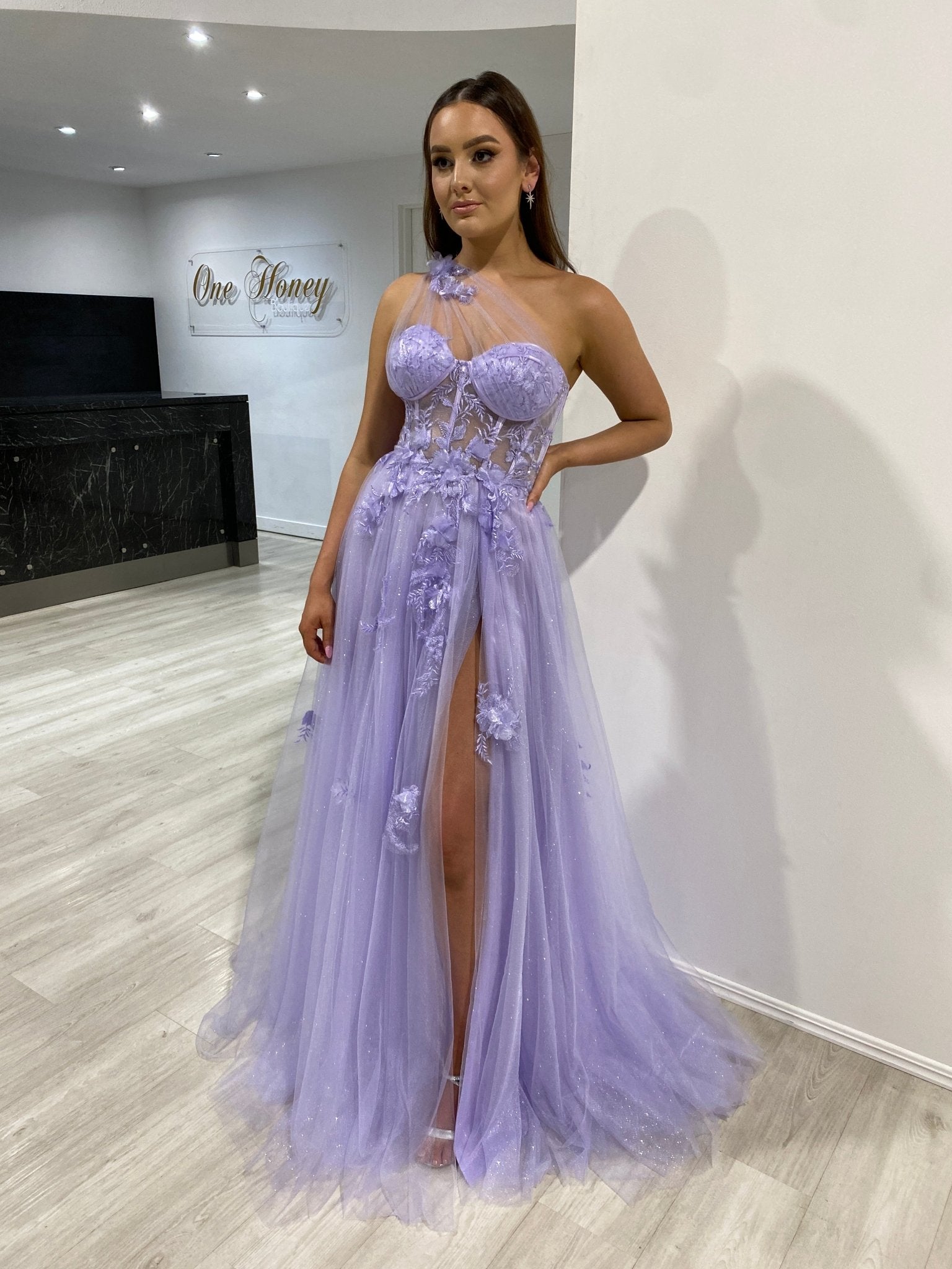 LUCIA Sheer One Shoulder Bustier Corset Tulle Formal Gown in Australia | One Honey Boutique