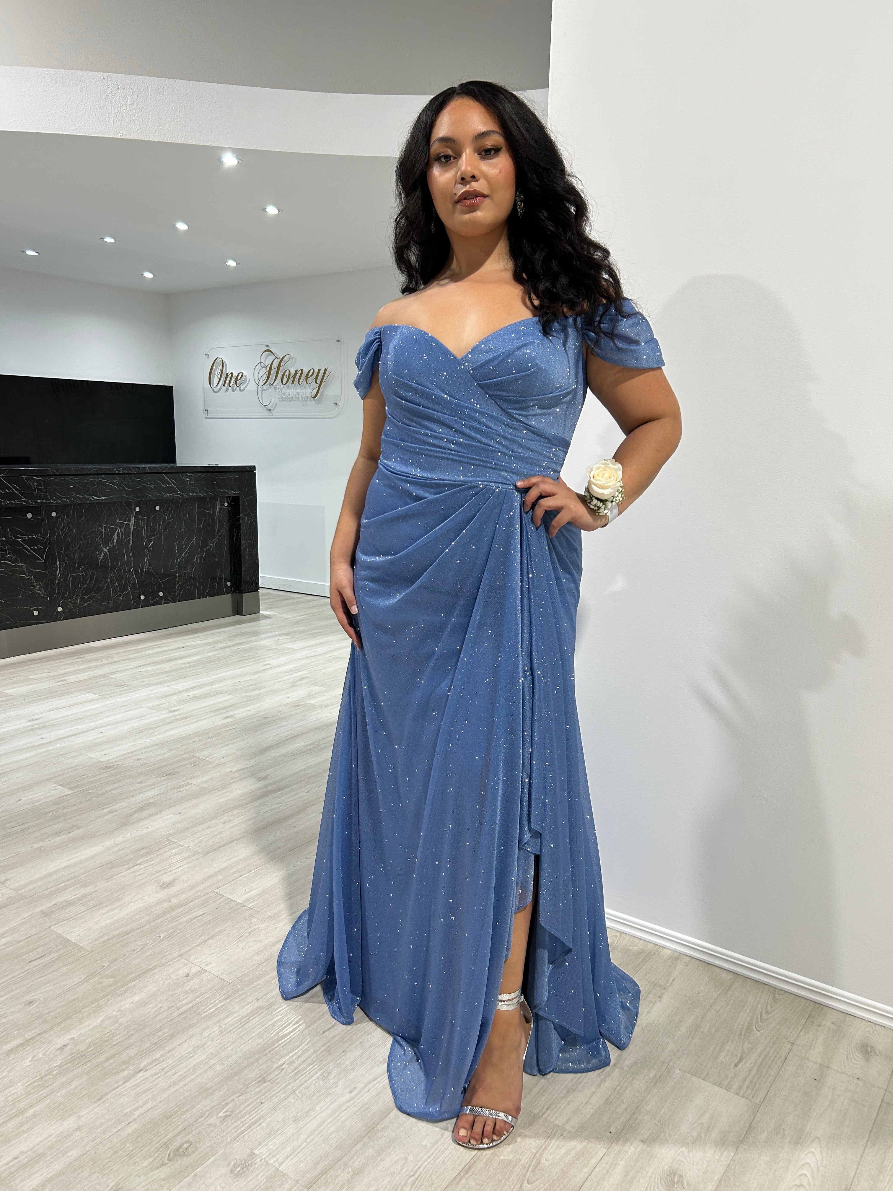 Honey Couture RIVER Paris Blue Off Shoulder Mermaid Formal Dress