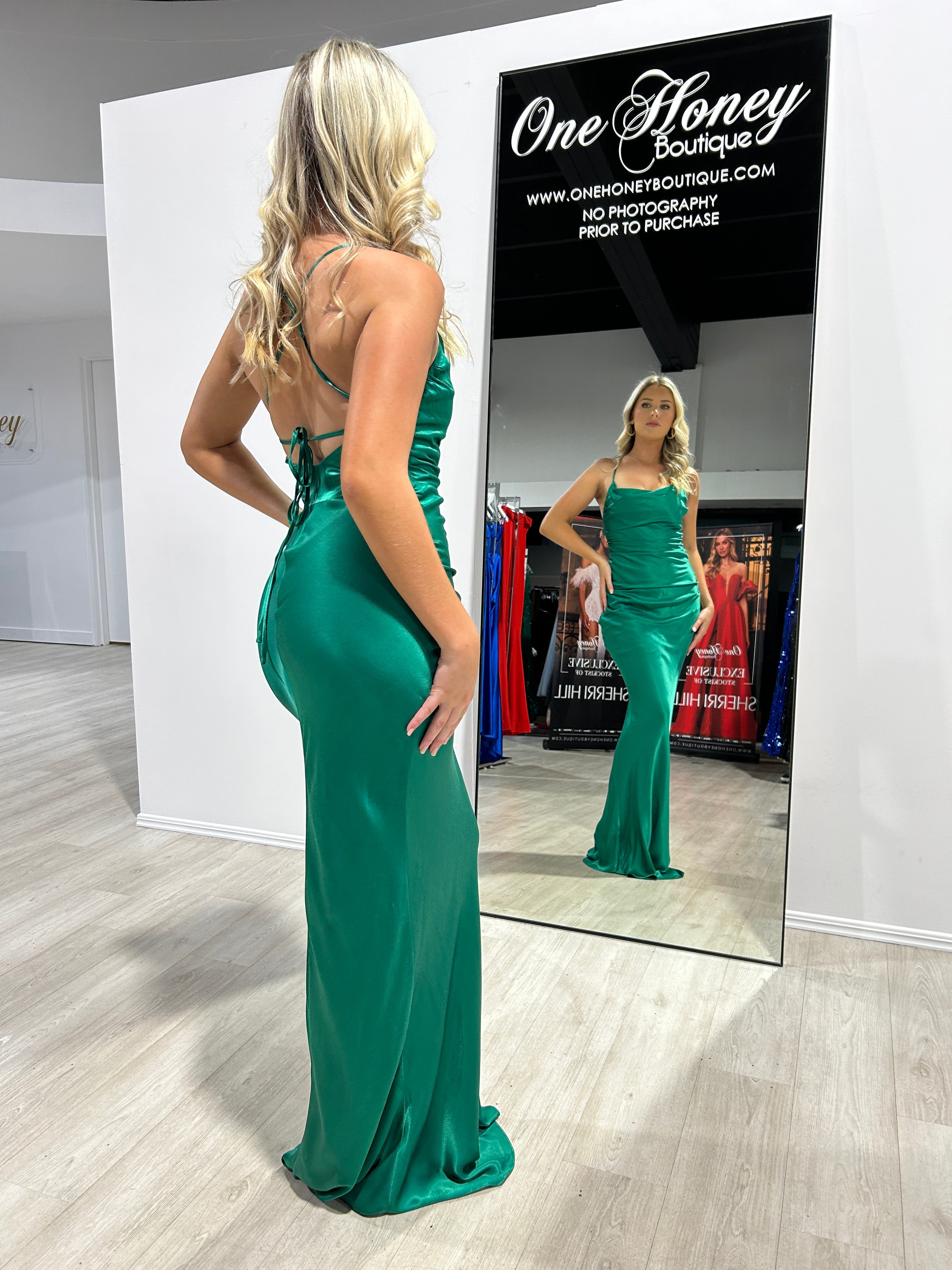 Honey Couture TIARN Emerald Satin Low Back Midi Dress