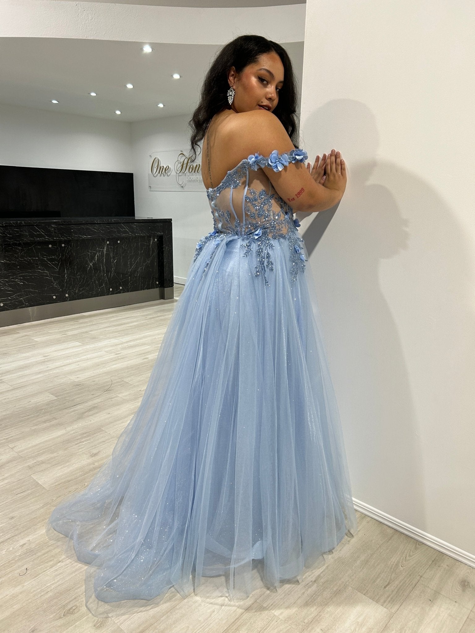 Honey Couture KARRISA Blue Glitter off the Shoulder A - Line Formal Dress in Australia | One Honey Boutique
