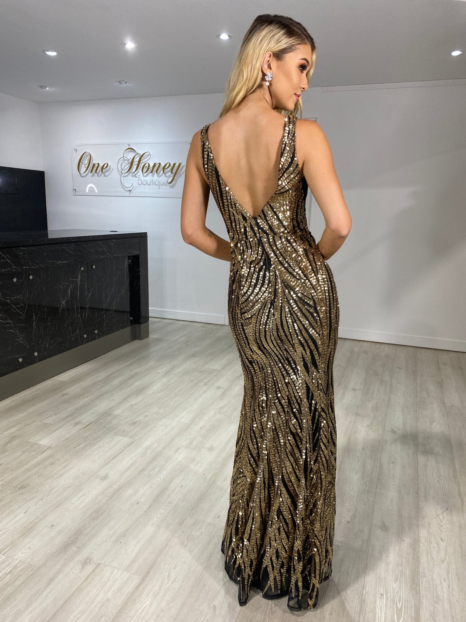 Honey Couture YASMIN V Front Sequin Formal Evening Gown in Australia | One Honey Boutique