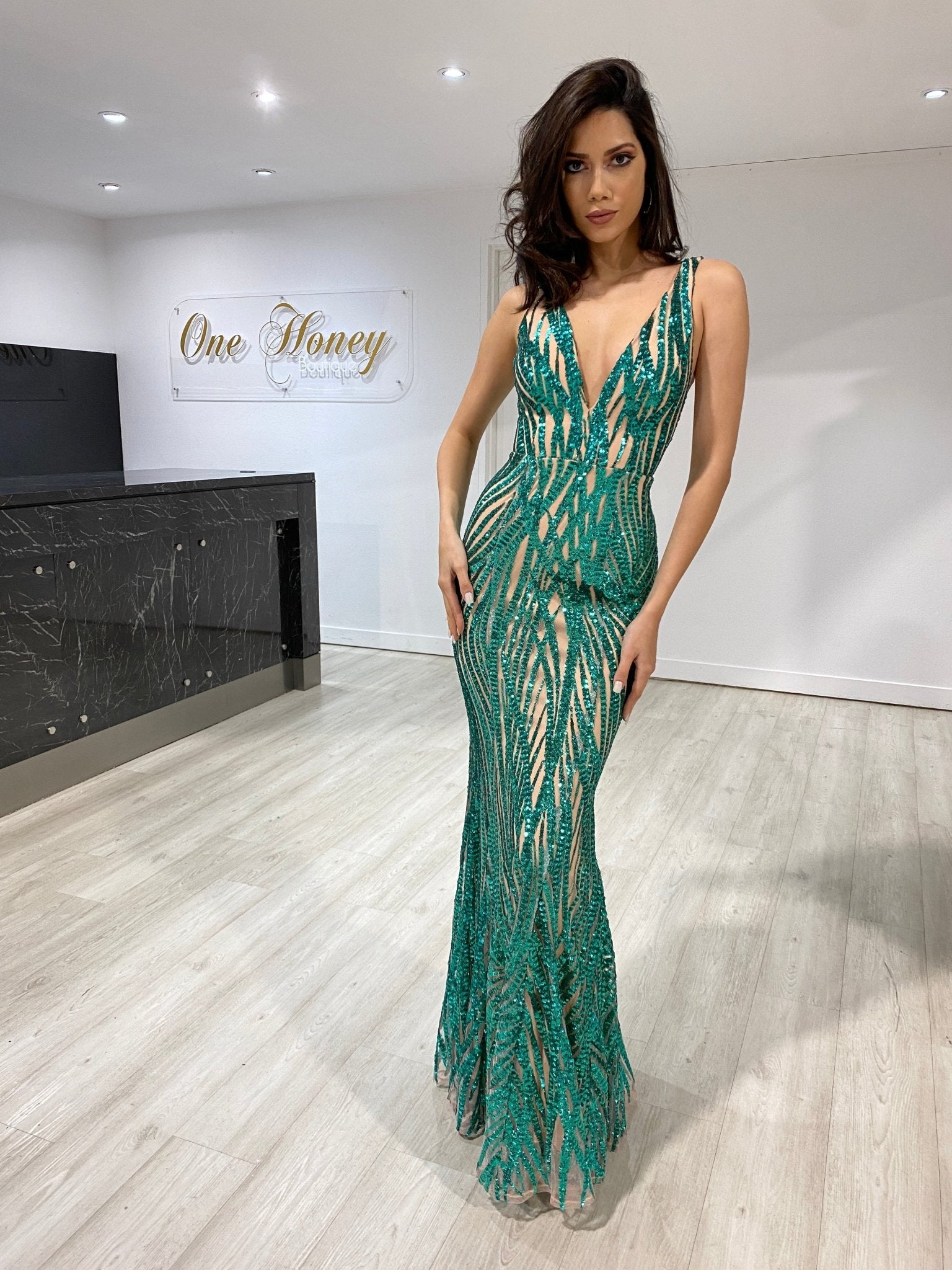 Honey Couture YASMIN V Front Sequin Formal Evening Gown in Australia | One Honey Boutique