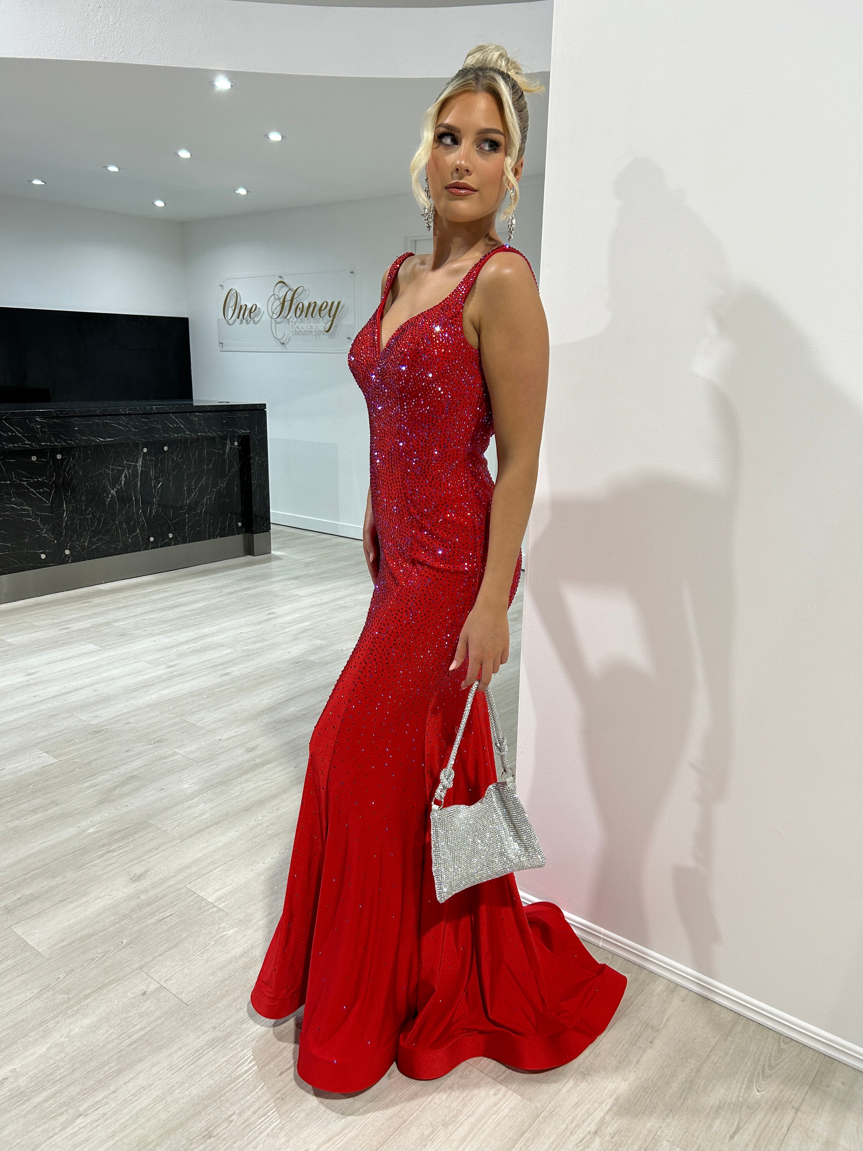 Honey Couture MAI Red Diamante Feature Mermaid Formal Dress