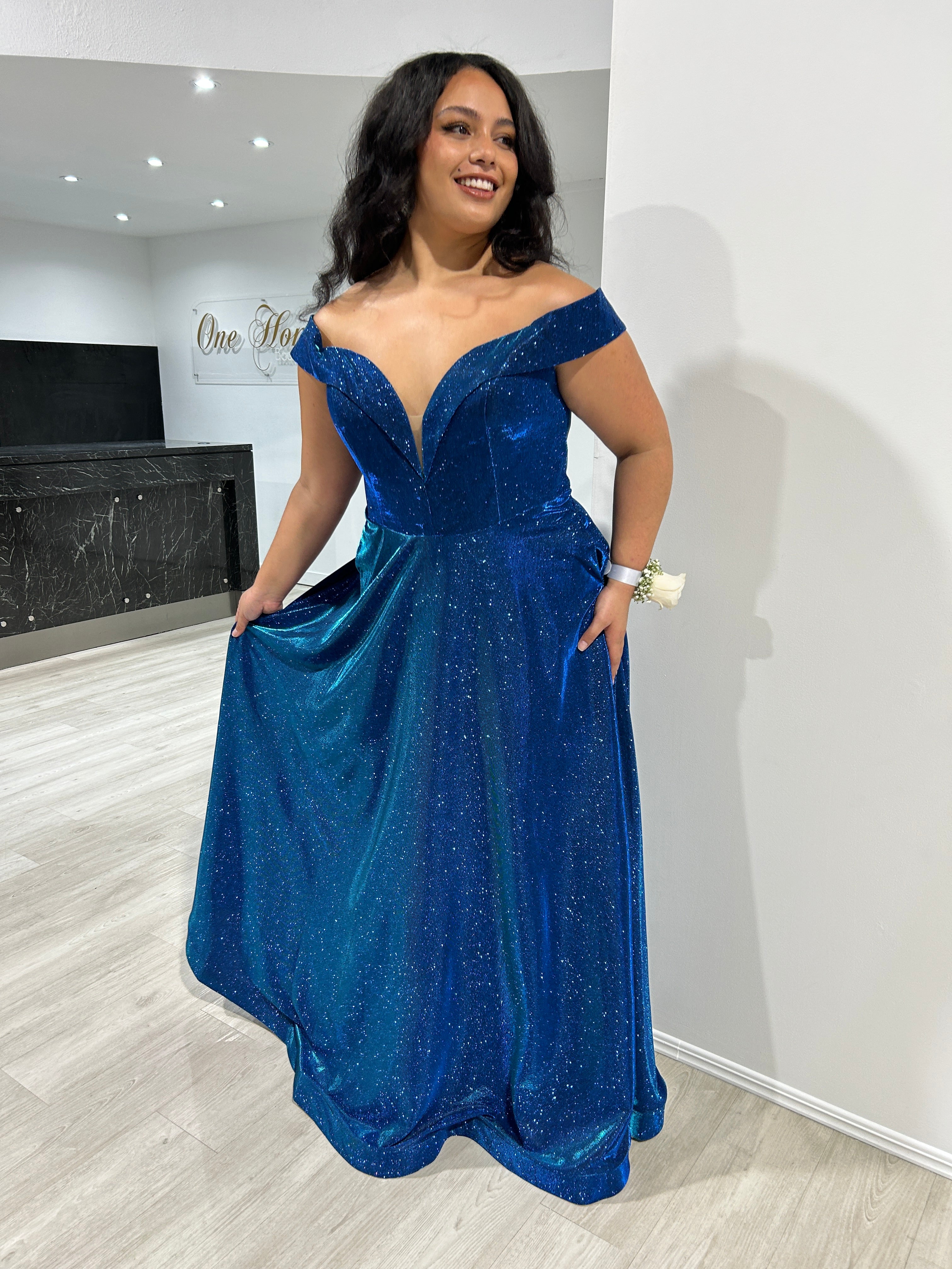 Honey Couture REBEL Blue Glitter Off The Shoulder A-Line Formal Dress