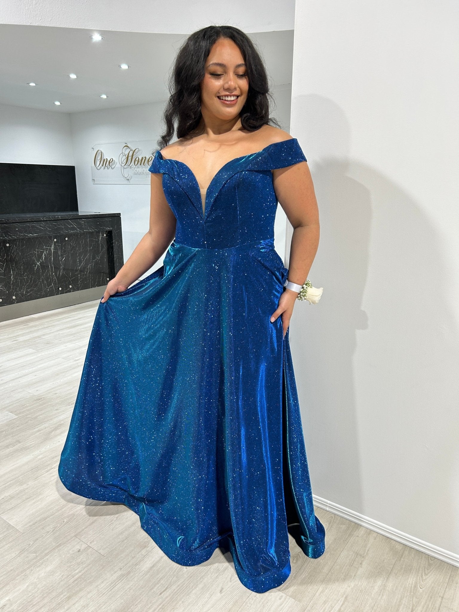 REBEL Curve Glitter Off The Shoulder Corset A - Line Formal Dress in Australia | One Honey Boutique