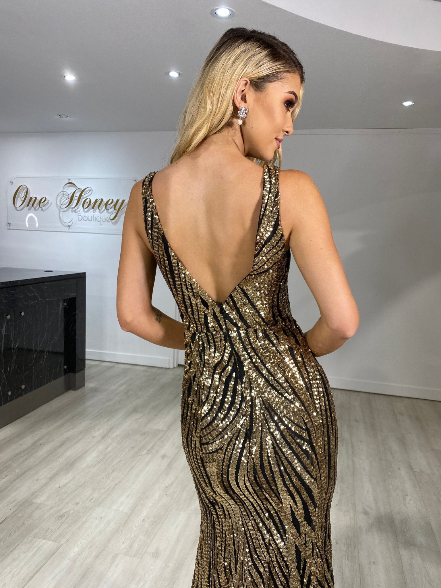 Honey Couture YASMIN V Front Sequin Formal Evening Gown in Australia | One Honey Boutique