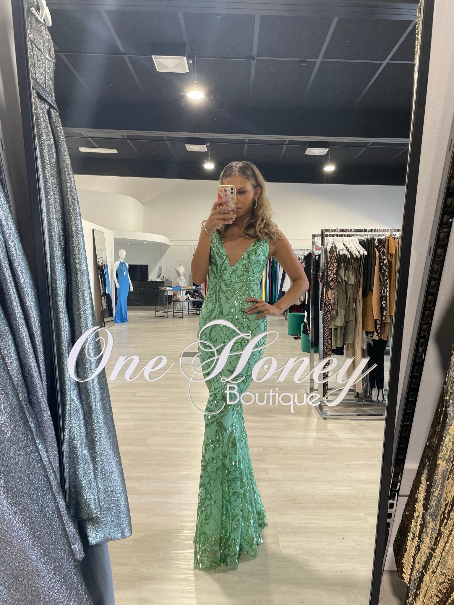 Honey Couture TRISTIN Green Sequin Low Back Formal Dress (RED TAG FINAL SALE) in Australia | One Honey Boutique
