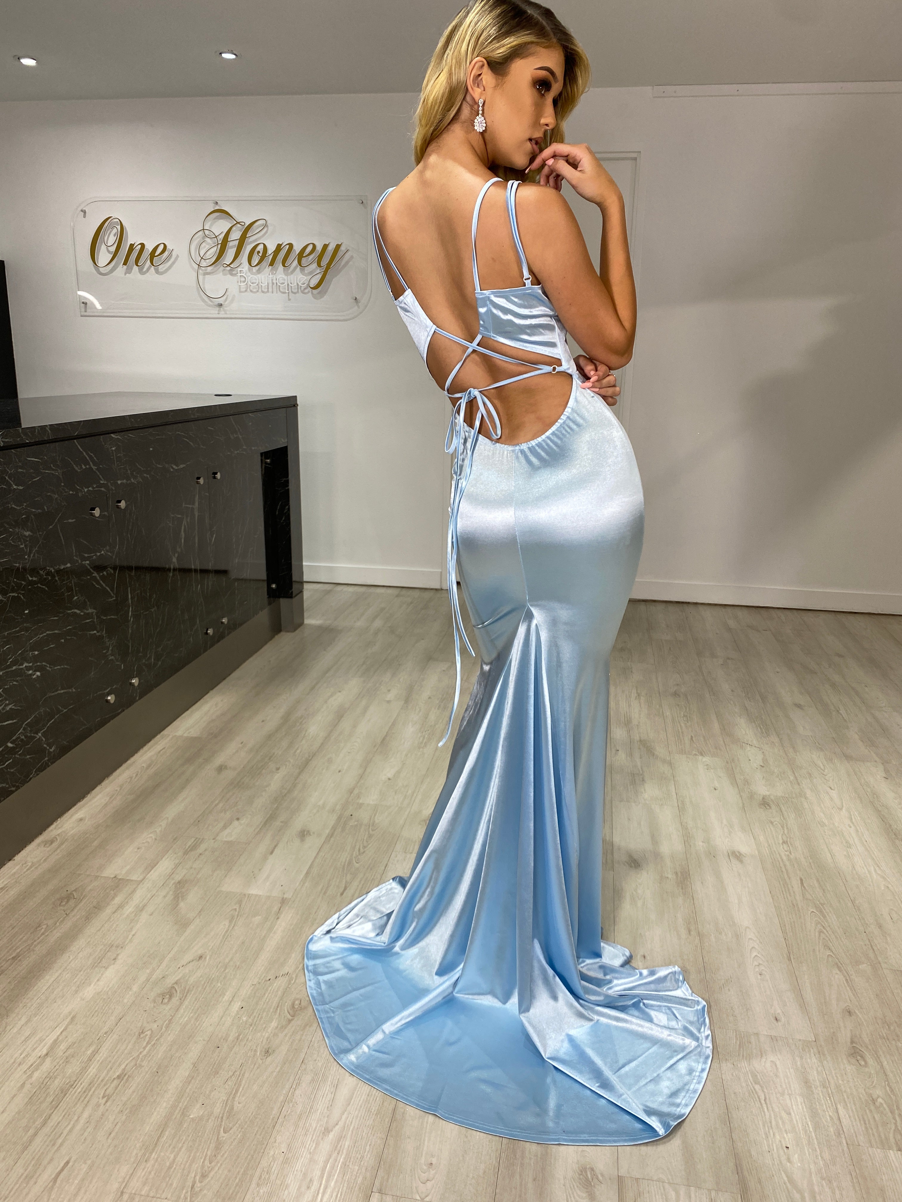 Honey Couture IMOGEN Baby Blue Low Back Mermaid Formal Dress (RED TAG FINAL SALE)