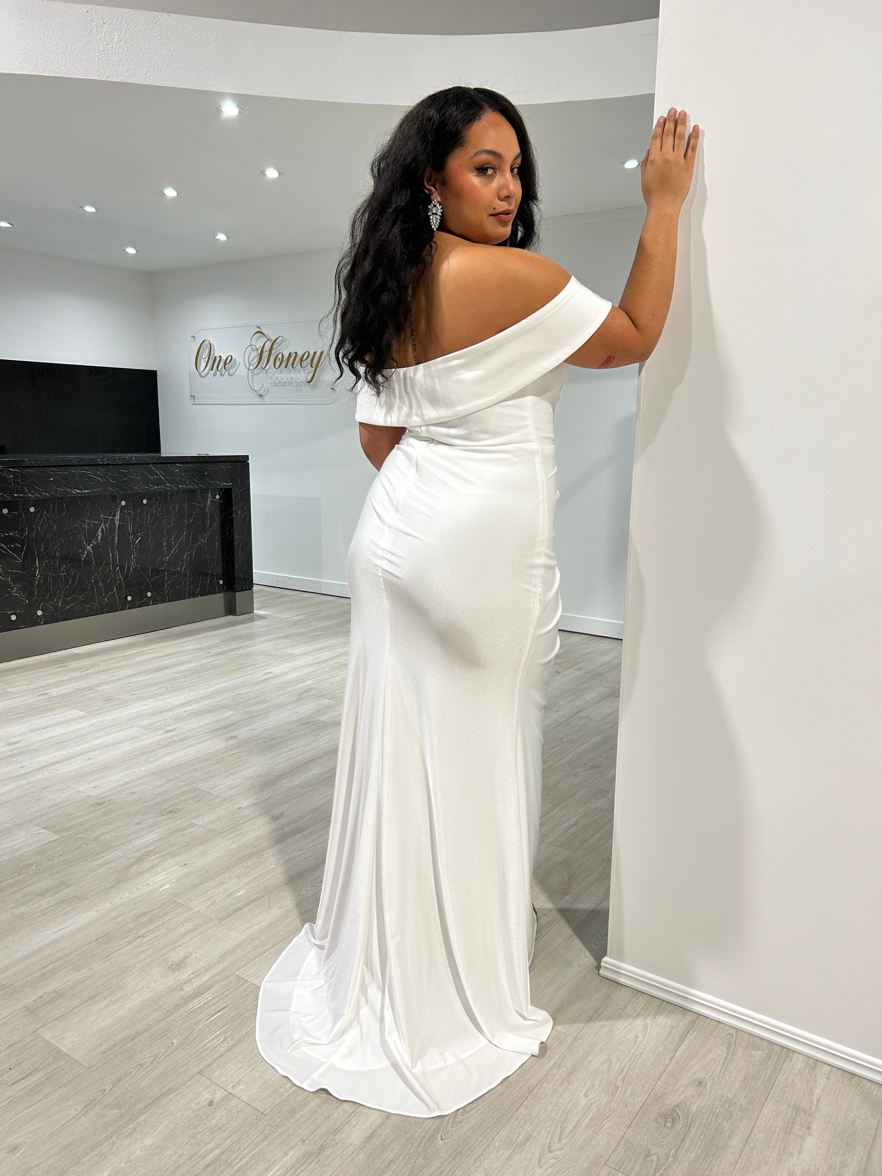 Honey Couture LAILA Off White Off Shoulder Silky Formal Dress