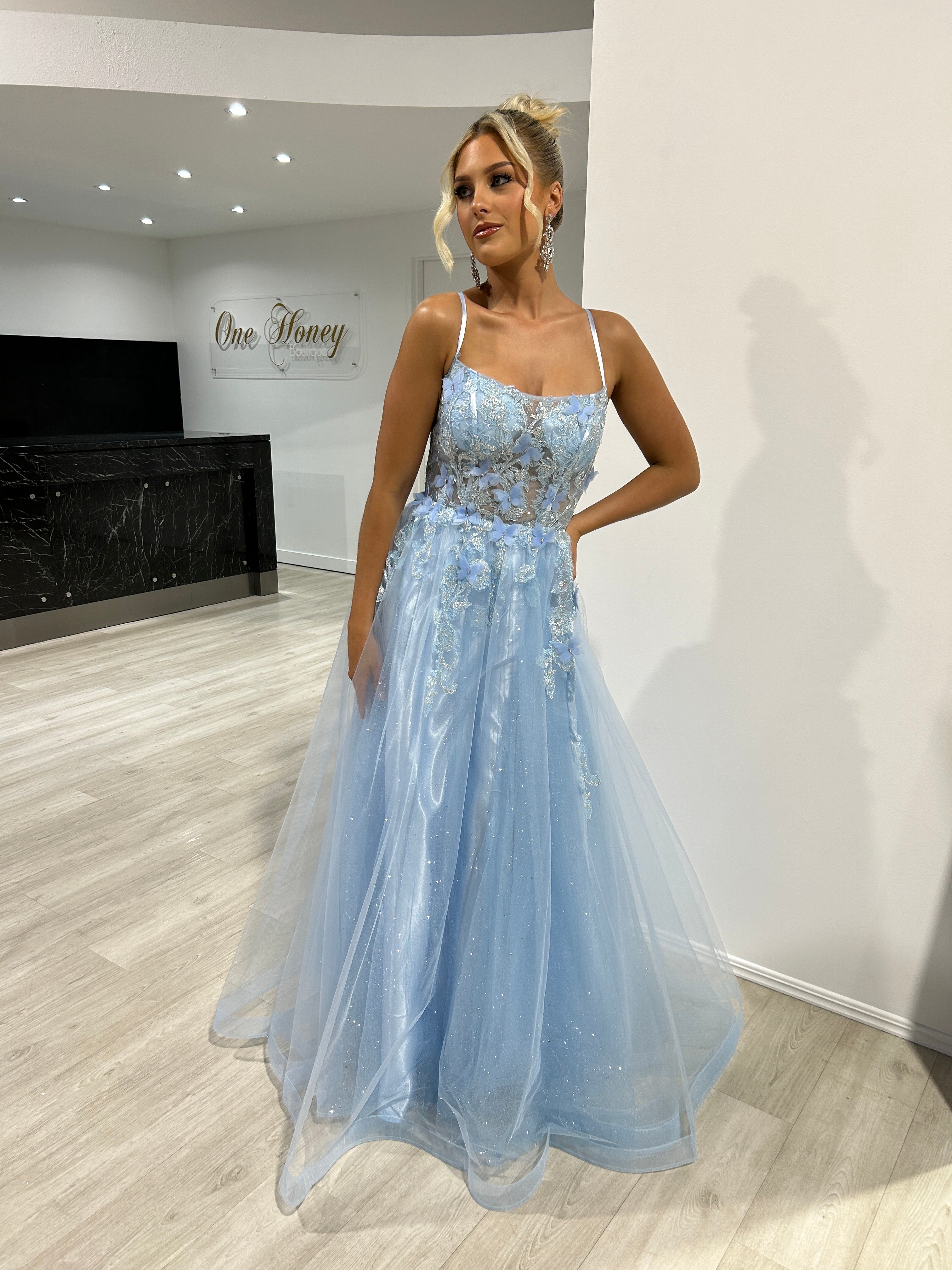 Honey Couture REYA Sky Blue Tulle Corset Back A Line Formal Dress
