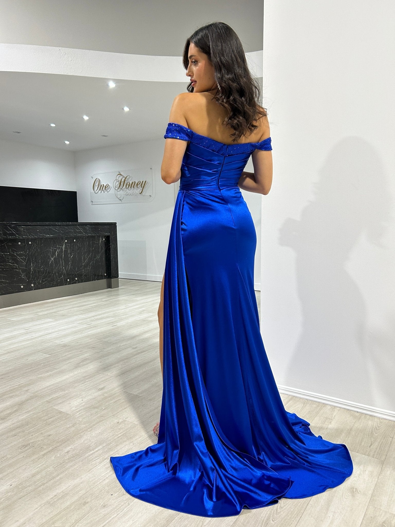 AMARA Satin Diamanté Detail Off The Shoulder Formal Dress in Australia | One Honey Boutique