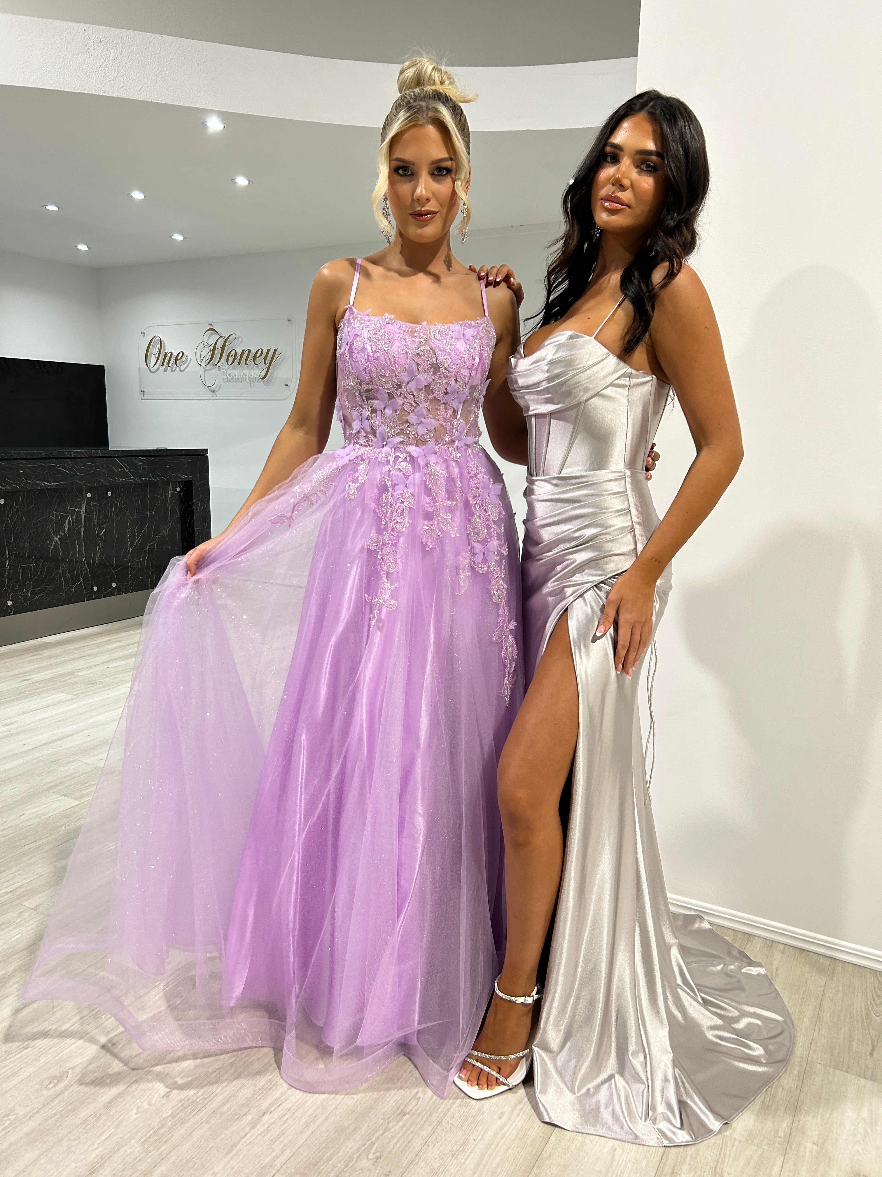 Honey Couture REYA Lavender Purple Tulle Corset Back A Line Formal Dress