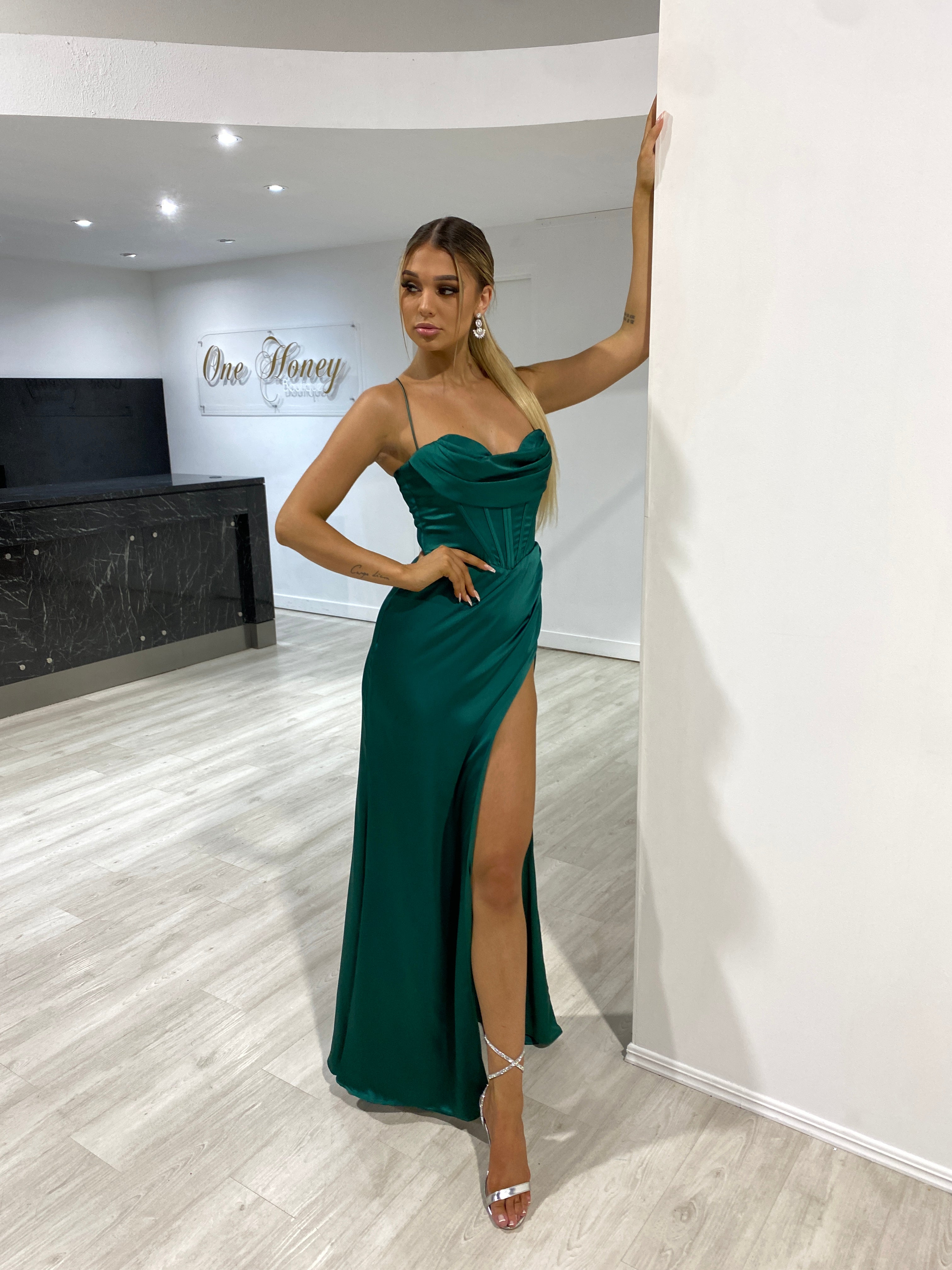 Honey Couture ZENDAYA Emerald Green Satin Corset Bustier Leg Split Formal Dress (RED TAG FINAL SALE)