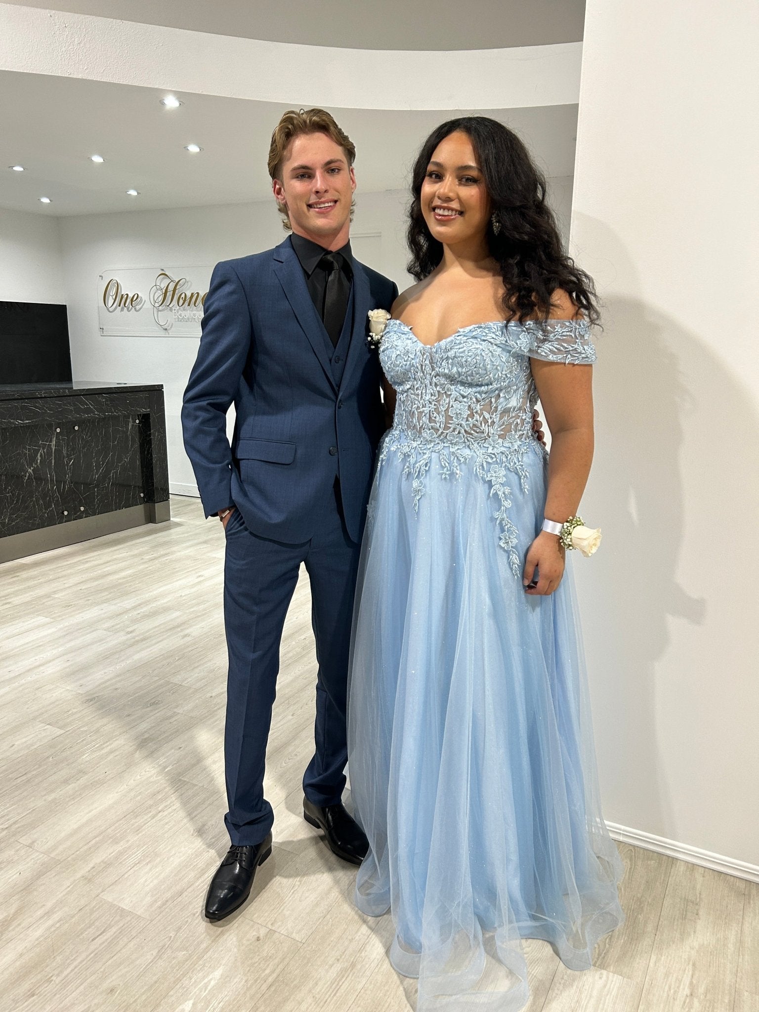 DEJA Lace Applique Corset Back Off Shoulder Ballgown in Australia | One Honey Boutique