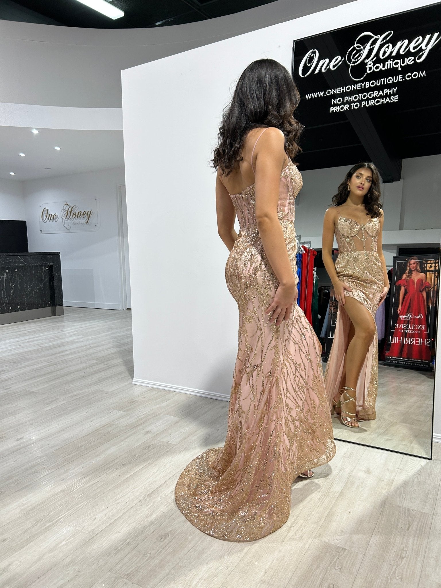 NADINE Rose Gold Glitter Corset Mermaid Formal Gown Dress in Australia | One Honey Boutique