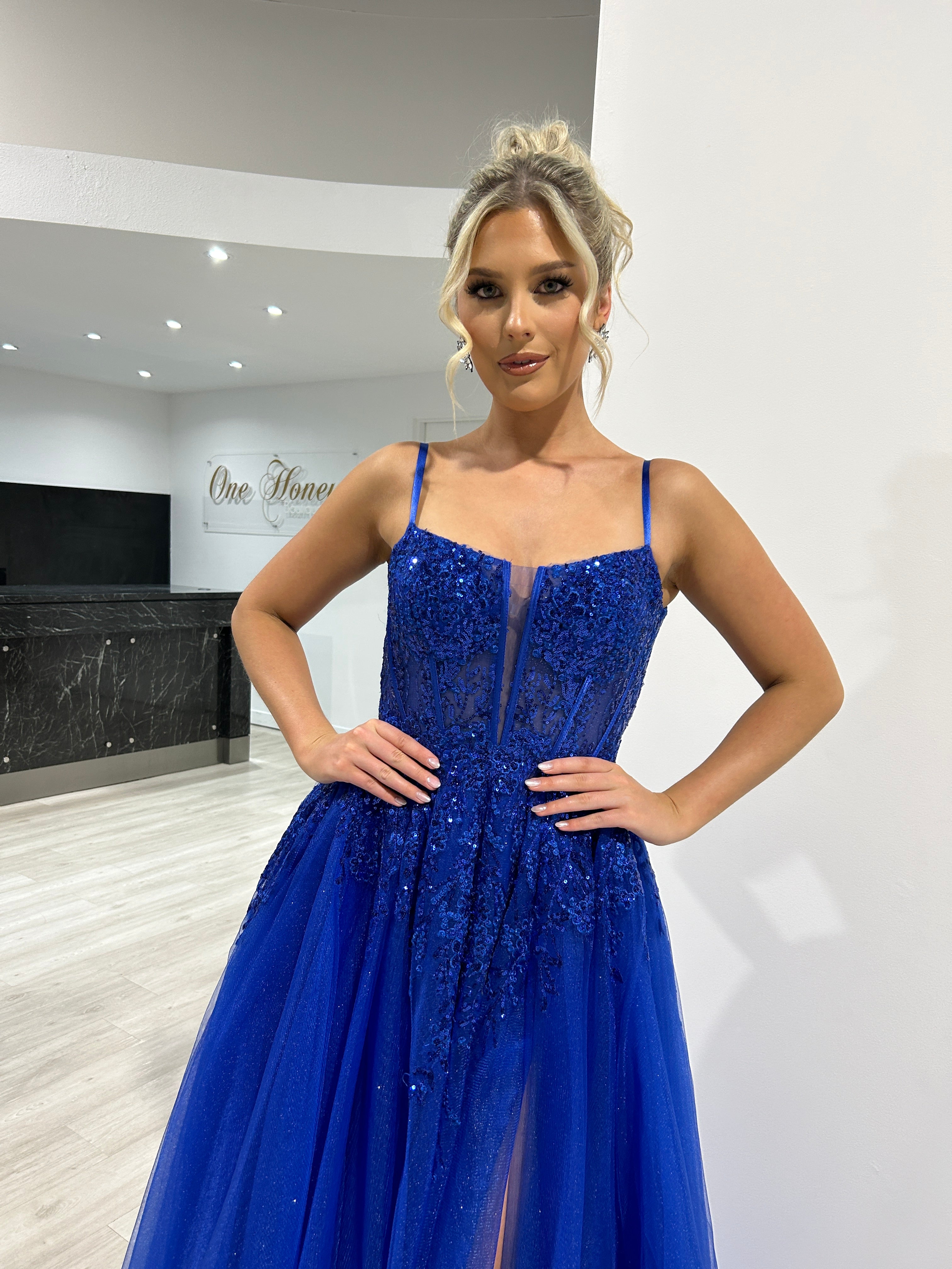 Honey Couture PANDORA Royal Blue Tulle Bustier Ball Gown Formal Dress