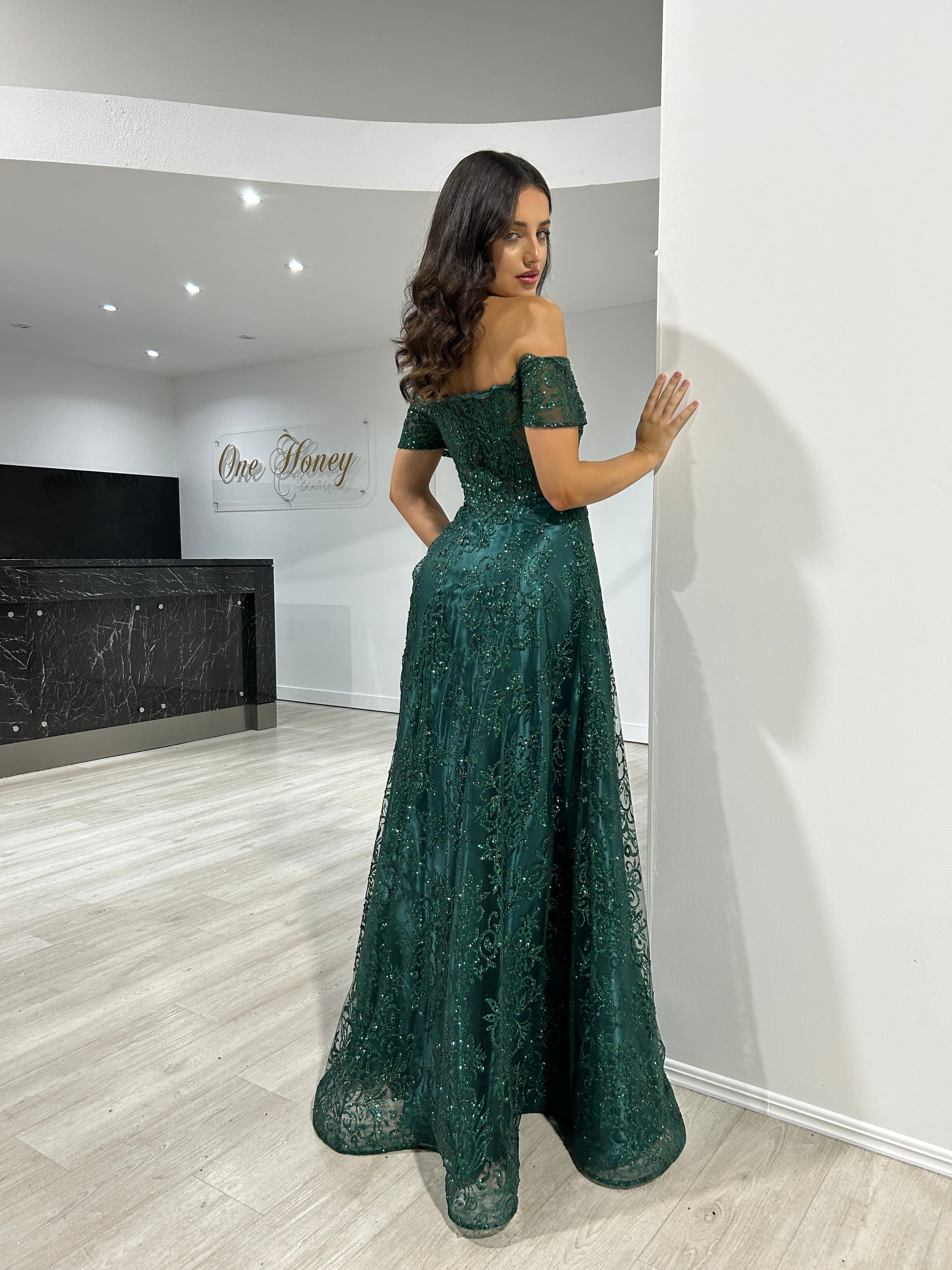 Honey Couture THEA Emerald Off The Shoulder Glitter Ball Gown Formal Dress