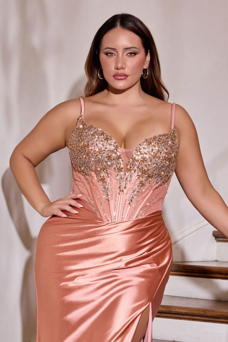 JACLYN Curve Beaded V - Neck Satin Fitted Prom & Formal Dress in Australia | One Honey Boutique