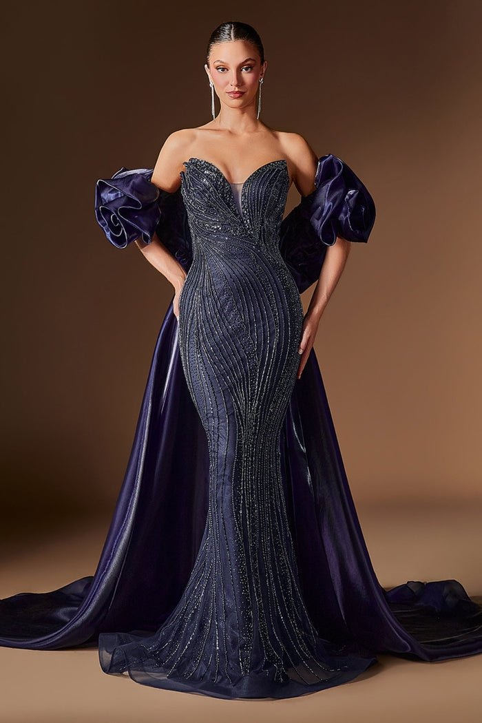 JOSLYN Beaded Mermaid Formal Gown with Detachable Overskirt & Puff Sleeves in Australia | One Honey Boutique