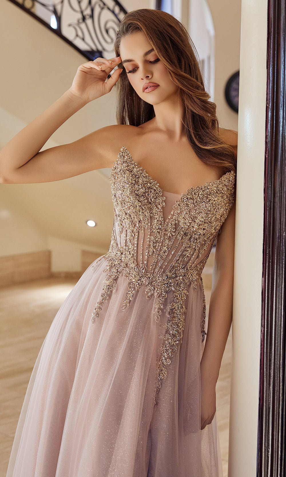 LEIGHTON Beaded Corset A-Line Formal Gown with Leg Split in Australia | One Honey Boutique