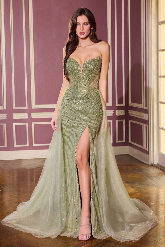 LaDivine CC492 Beaded Fitted Long Formal Prom Dress with Detachable Overskirt - Greenery / 12 LaDivine CC492 Beaded Fitted Long Formal Prom Dress with Detachable Overskirt - Greenery / 12