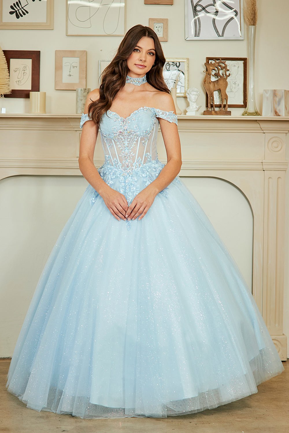 MARGRET Glitter Off - Shoulder Applique A - Line Prom & Ball Gown in Australia | One Honey Boutique