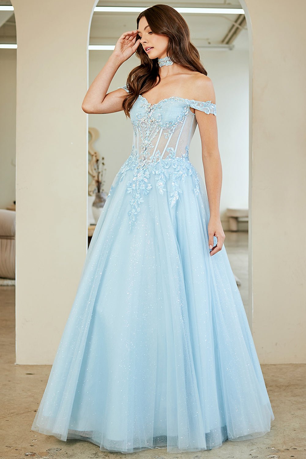 MARGRET Glitter Off - Shoulder Applique A - Line Prom & Ball Gown in Australia | One Honey Boutique