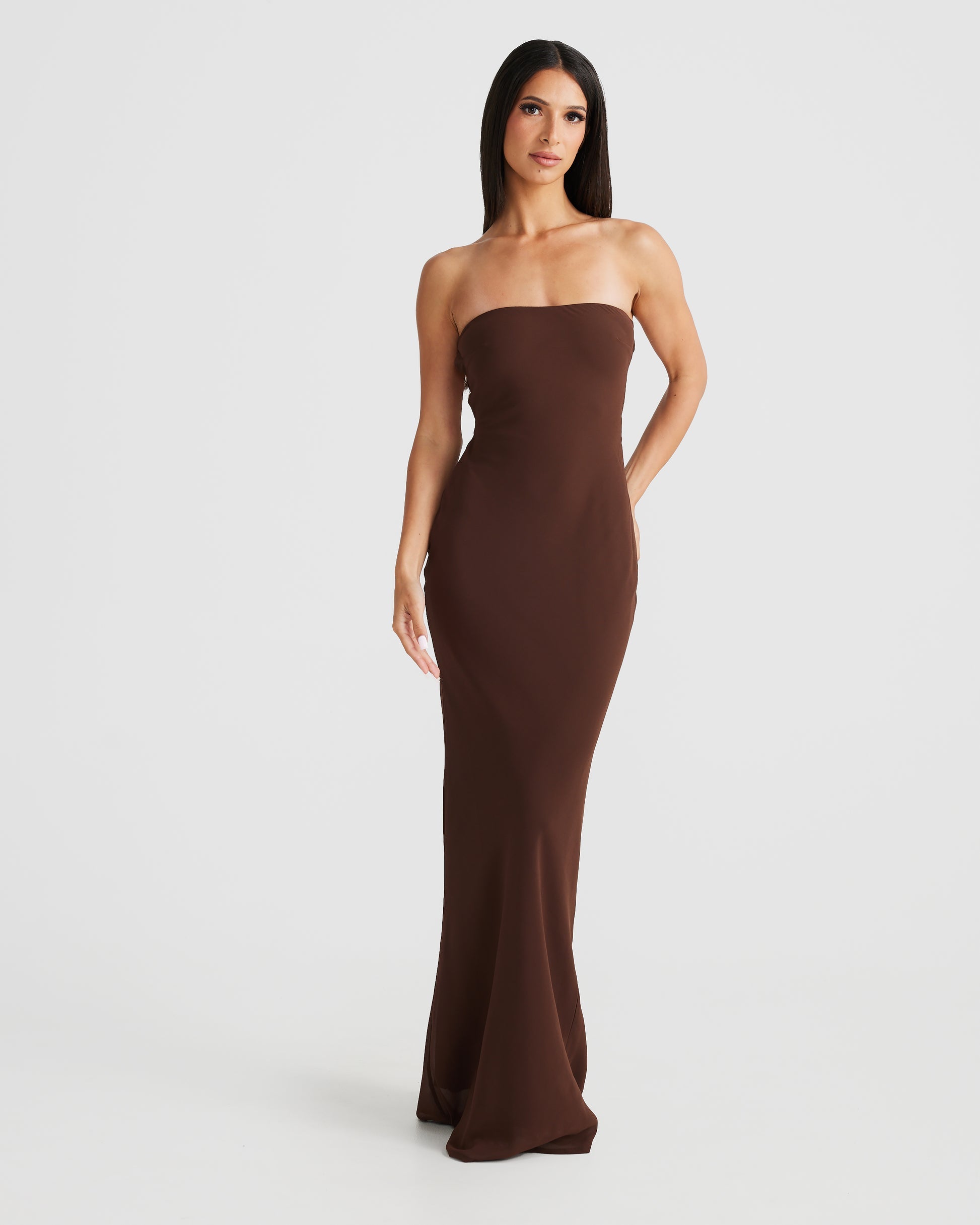 MÉLANI The Label VIKTORIA Brown Strapless Chiffon Backless Dress