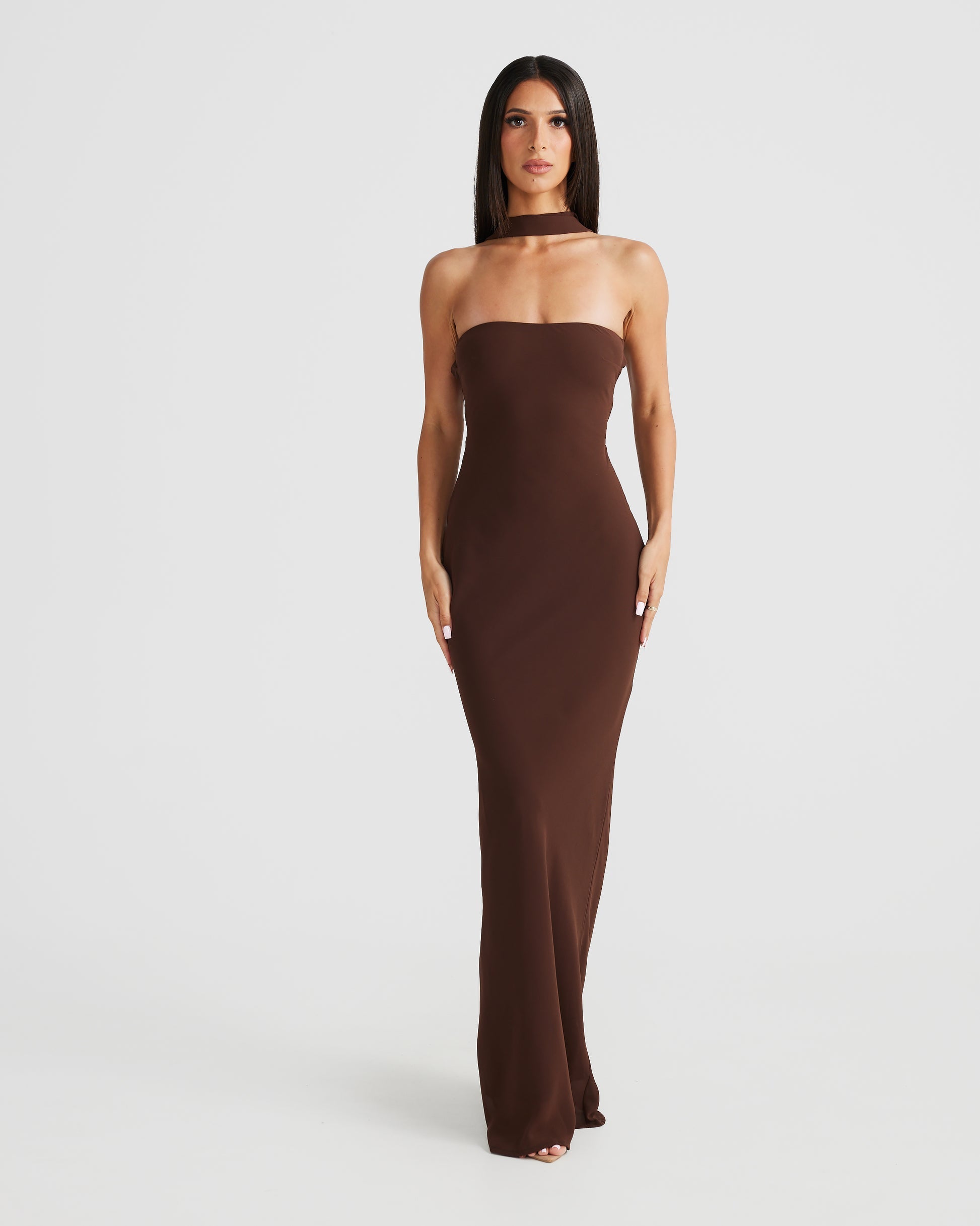 MÉLANI The Label VIKTORIA Brown Strapless Chiffon Backless Dress