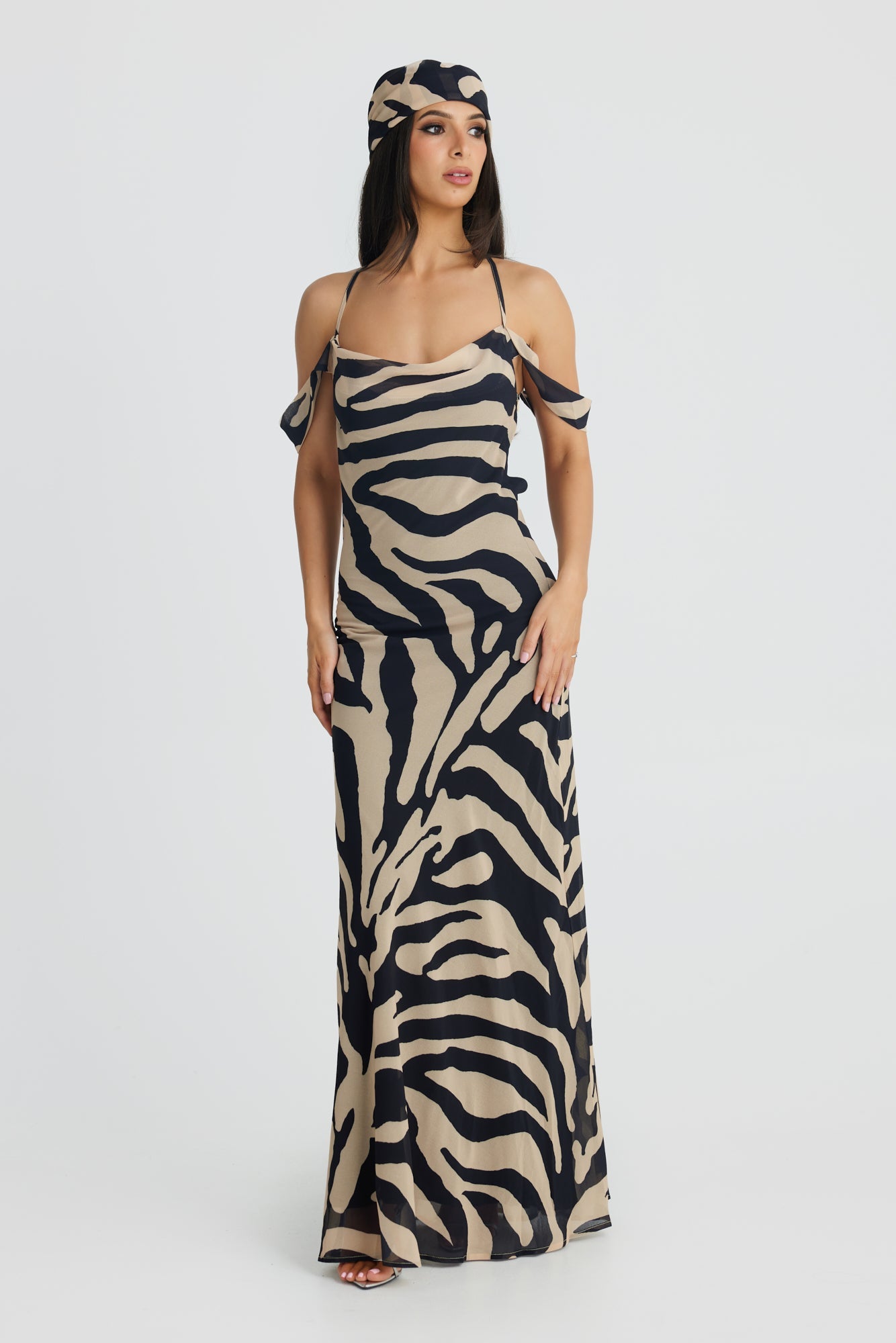 MÉLANI The Label VIENNA Zebra Low Back Chiffon Maxi Dress