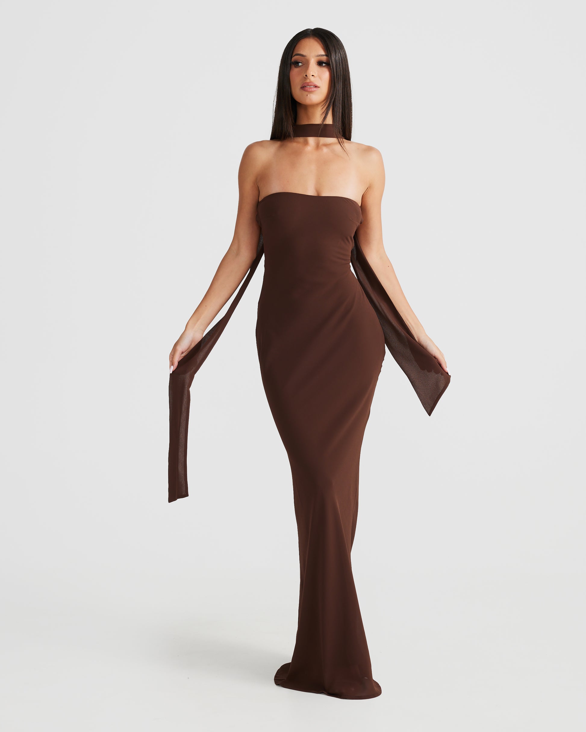 MÉLANI The Label VIKTORIA Brown Strapless Chiffon Backless Dress