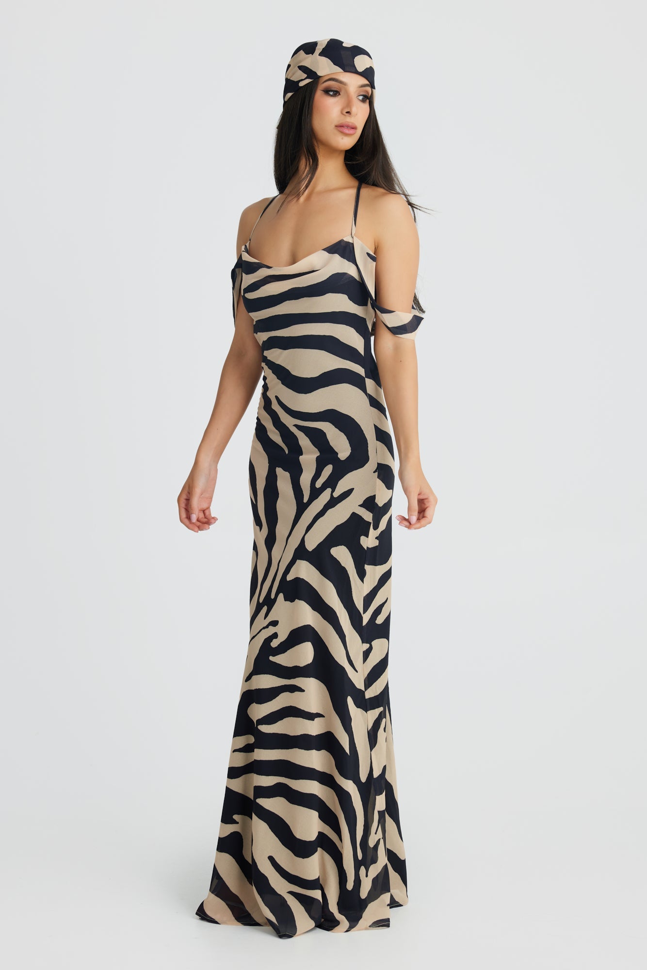 MÉLANI The Label VIENNA Zebra Low Back Chiffon Maxi Dress