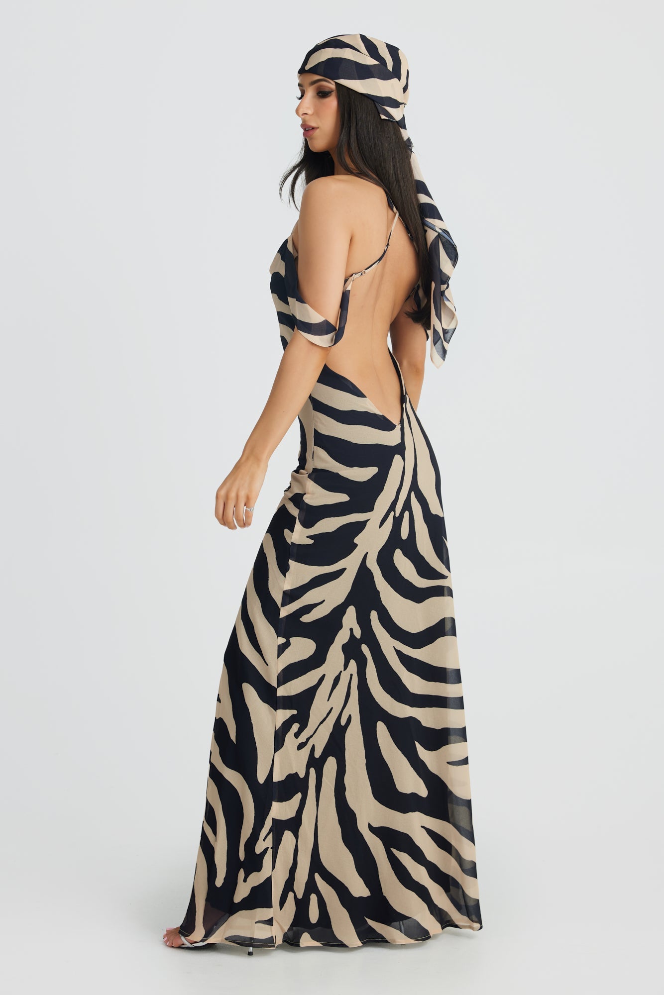 MÉLANI The Label VIENNA Zebra Low Back Chiffon Maxi Dress