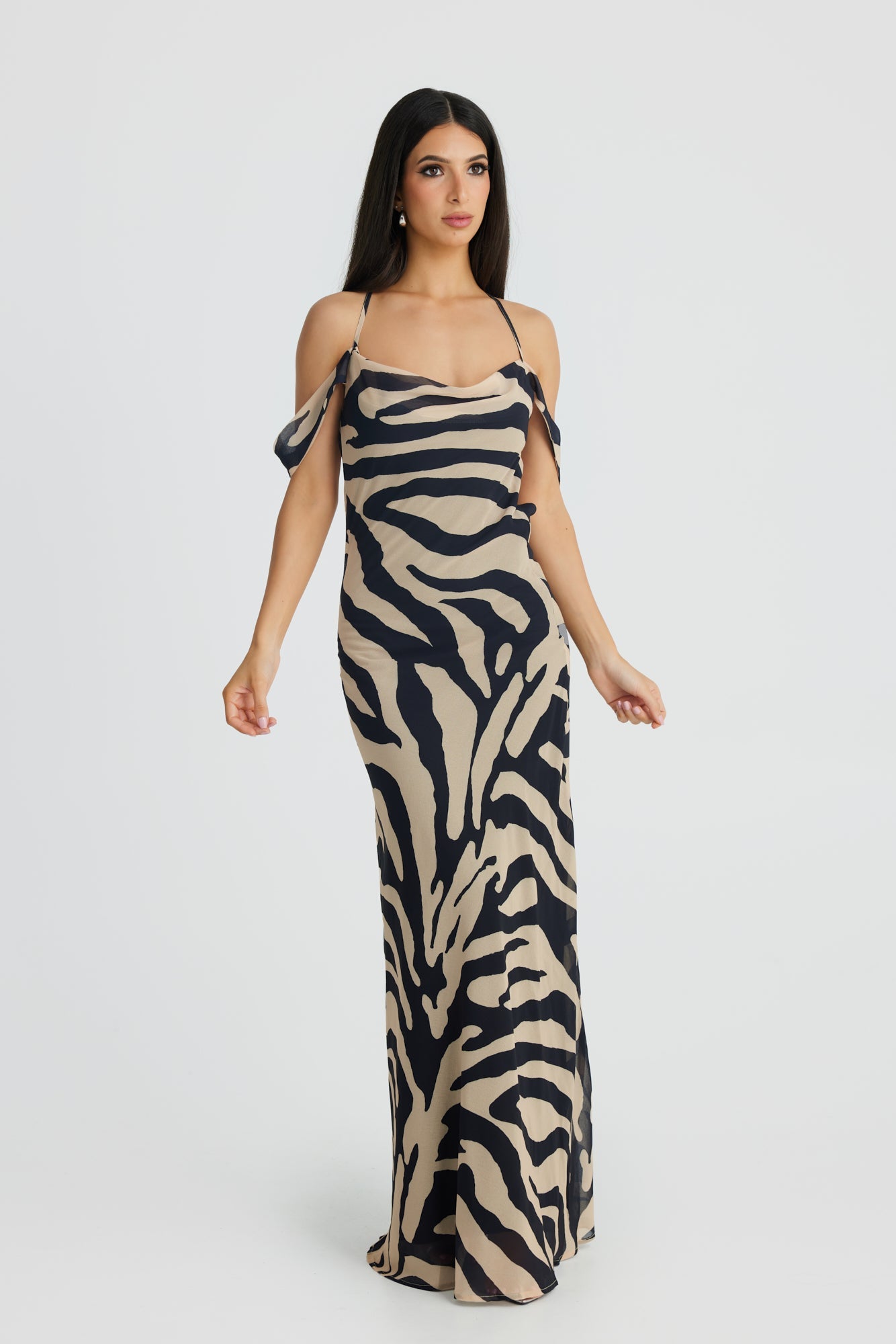 MÉLANI The Label VIENNA Zebra Low Back Chiffon Maxi Dress