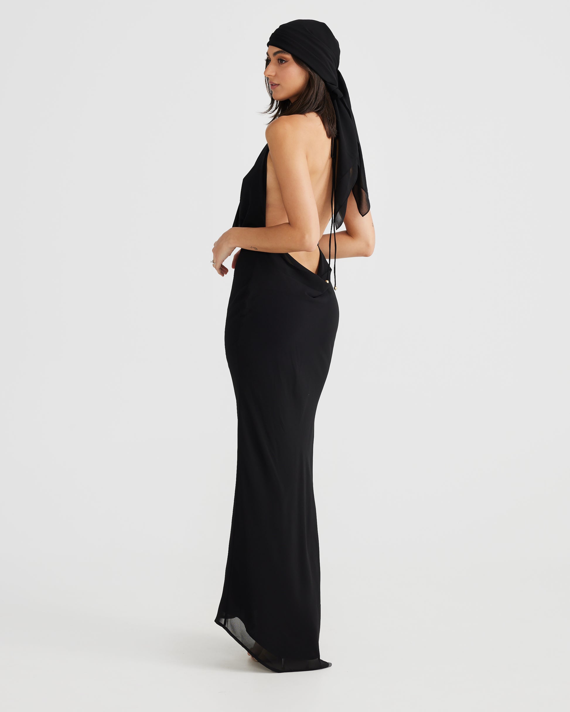 MÉLANI The Label LOPEZ Black Cowl Neck Chiffon Backless Dress